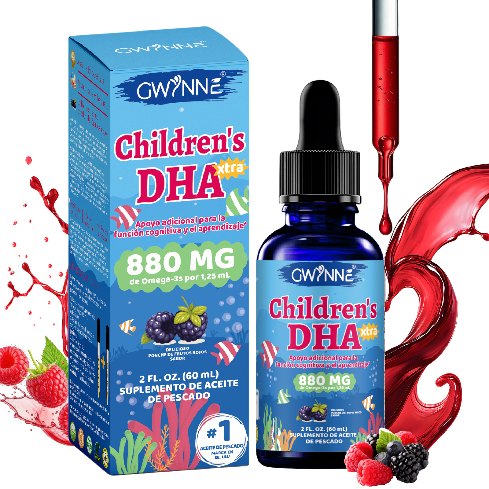 Gwynne Dha Xtra Gotas,berry Punch Para Niños 60ml - 880 Mg Total Omega-3 Con Epa Y Dha - Función Cognitiva E Inmune, Aprendizaje,desarrollo Social,48 Porciones