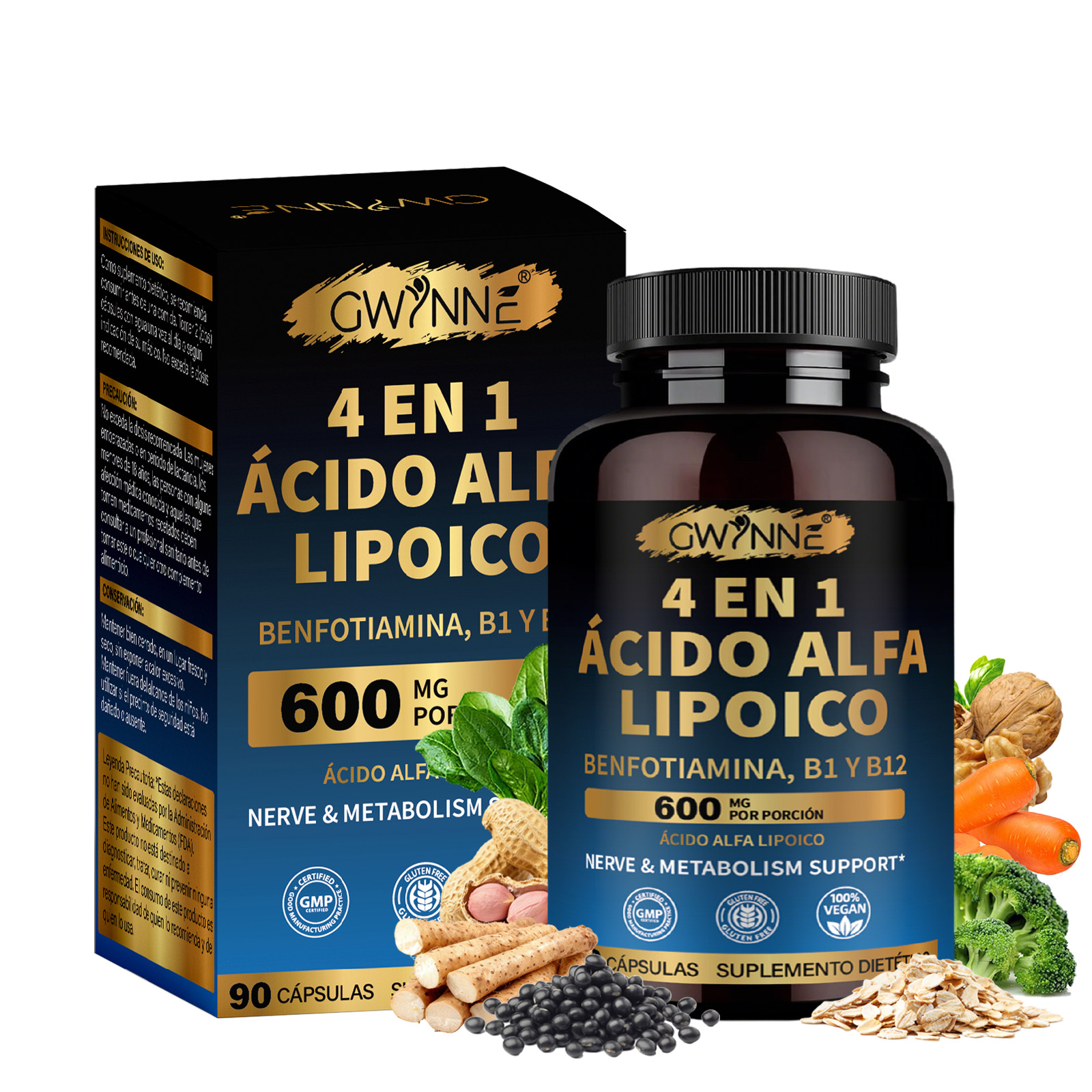Gwynne 4 En 1 Ácido Alfa Lipoico 600mg 90 Cápsulas,suplemento Antioxidant, Para Los Nervos,energía Y Apoyo Al Metabolismo,con Benfotiamina,b1 Y B12