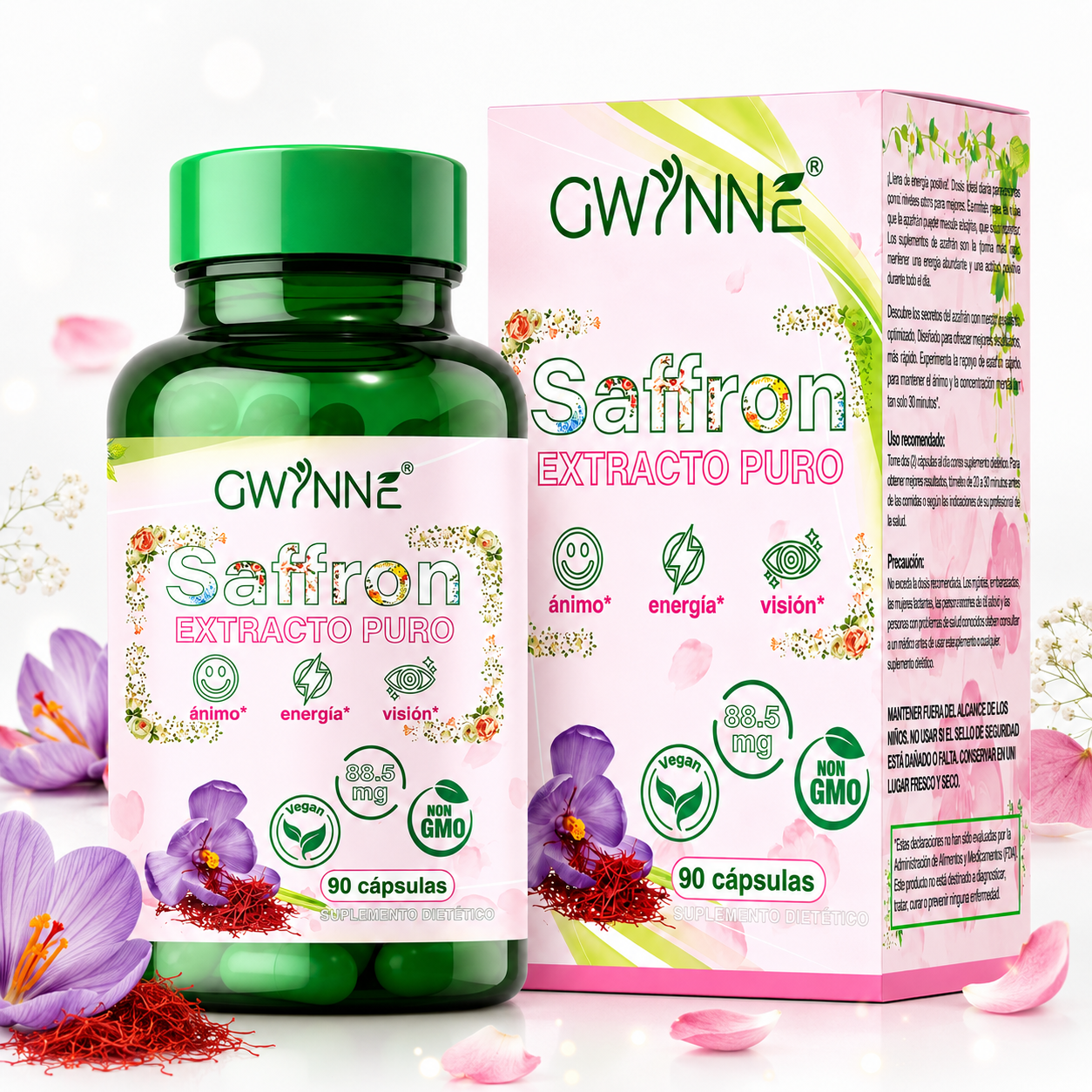 Gwynne Azafrán Puro Orgánico 88.5mg,extracto De Saffron Feliz Para Aumentar La Energía Y El Estado De Ánimo,apoyar La Salud Ocular,90 Cápsulas