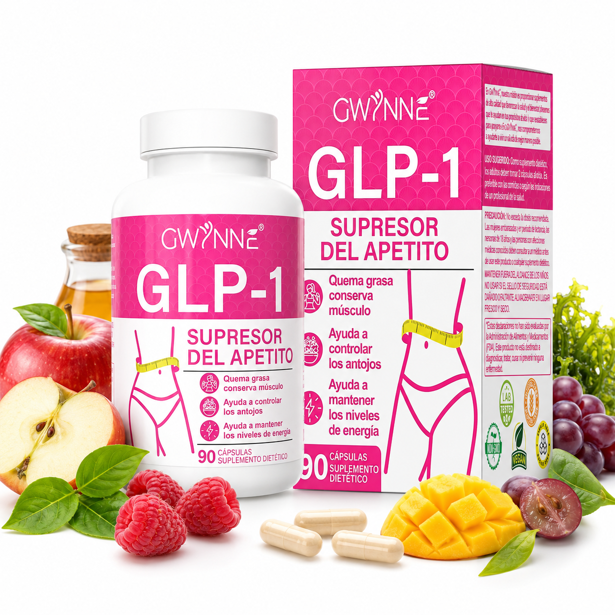Gwynne Suplementos De Supresor Del Apetito Glp-1,con Cetonas De Frambuesa,mango Africano,apoya El Metabolismo, La Absorción Nutricional,inhibición Del Apetito Y La Digestión,90 Cápsulas