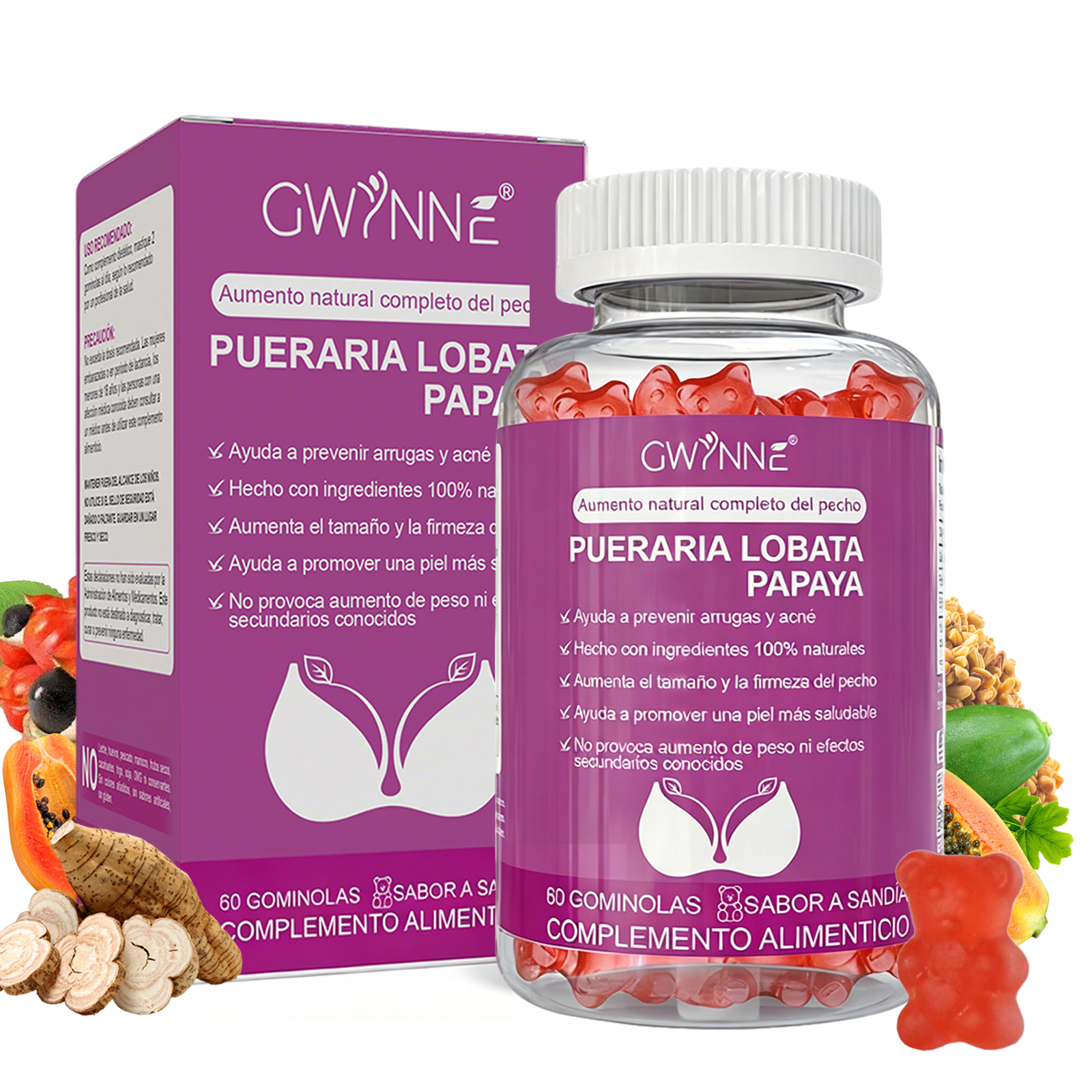 Gwynne Puro Natural Aumento De Mamas Lifting De Glúteos,con Pueraria Mirifica 1000mg Y Extracto De Papaya 500mg,apoyo Al Crecimiento Mamario,piel Sana,estrógeno,60 Gominolas