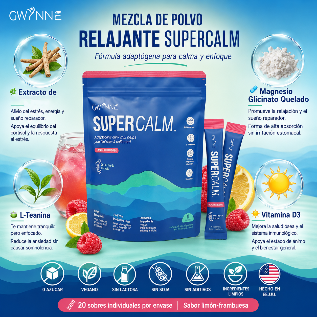 GWYNNE Supercalm Ksm-66 Suplemento de cortisol con glicinato de magnesio Mantenga eficazmente los niveles de cortisol