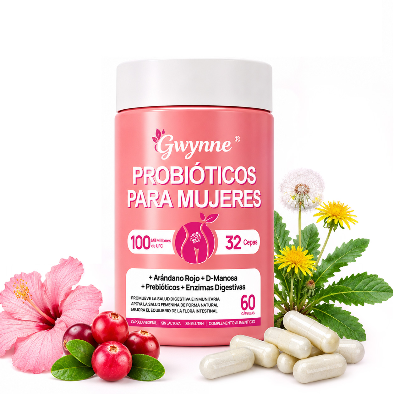 Gwynne Vaginal Probióticos Para Mujeres 100m Ufc + 32cepas,conprebioticos,enzimas Digestivas,arándano Rojo Y D-manosa, Apoyo Vaginal Y Digestivo,60 Cápsulas