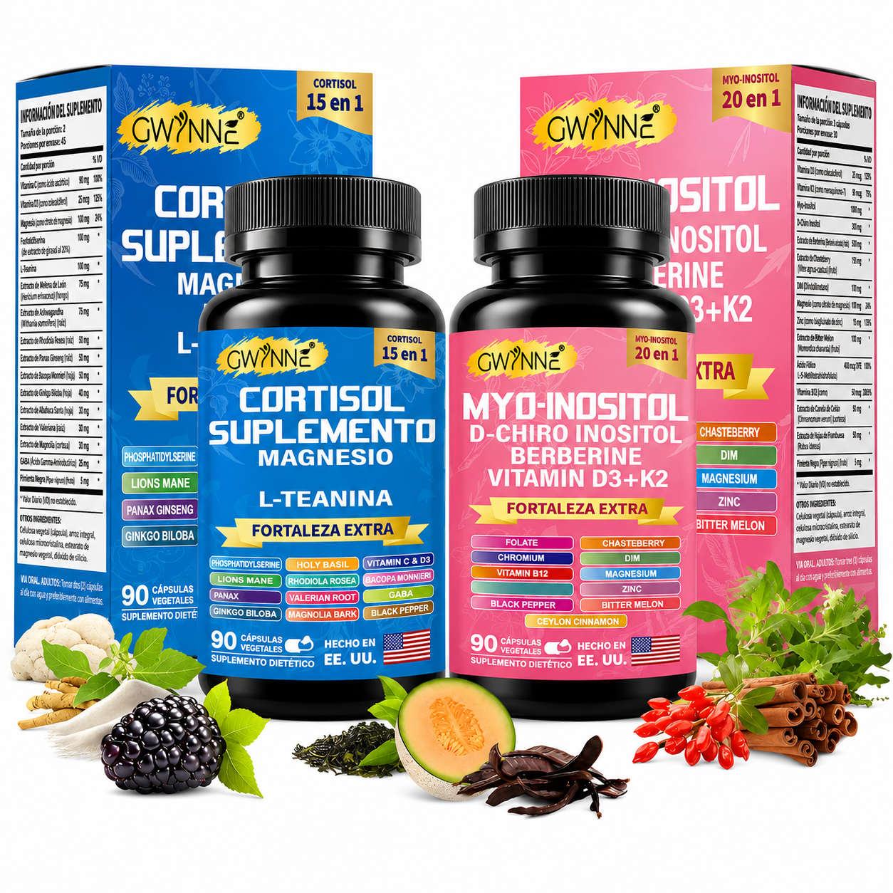 Gwynne Suplemento De Cortisol 90 Cápsulas + Suplemento De Inositol Myo-inositol Y D 90 Cápsulas,con Glicinato De Magnesio,vitamina B12 Y K2