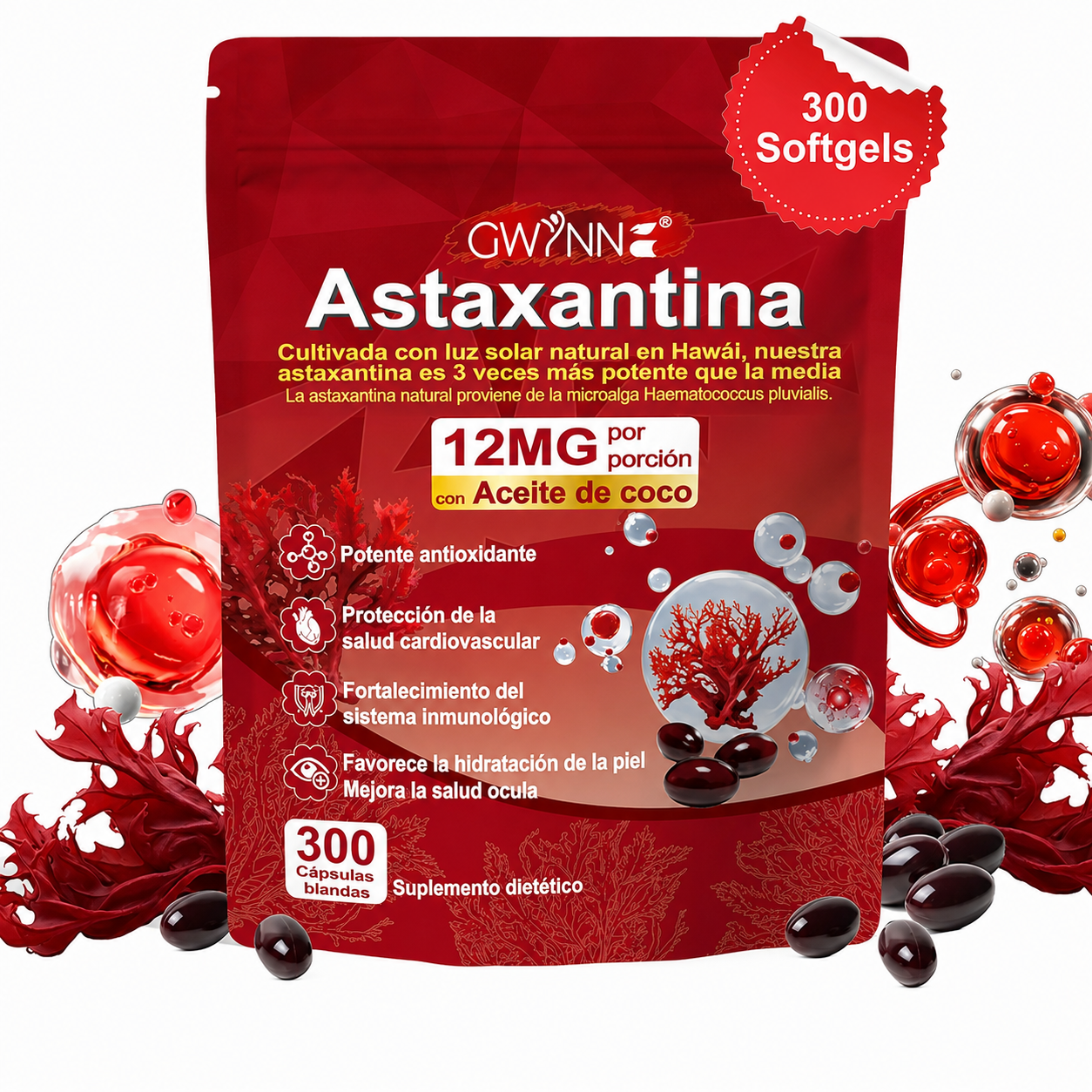 Gwynne Astaxantina 12 Mg 300 Cápsulas Blandas Antioxidante,astaxantina Antioxidant From Fresh Haematococcus Pluvialis,apoya La Salud Ocular, Articular Y Cutánea
