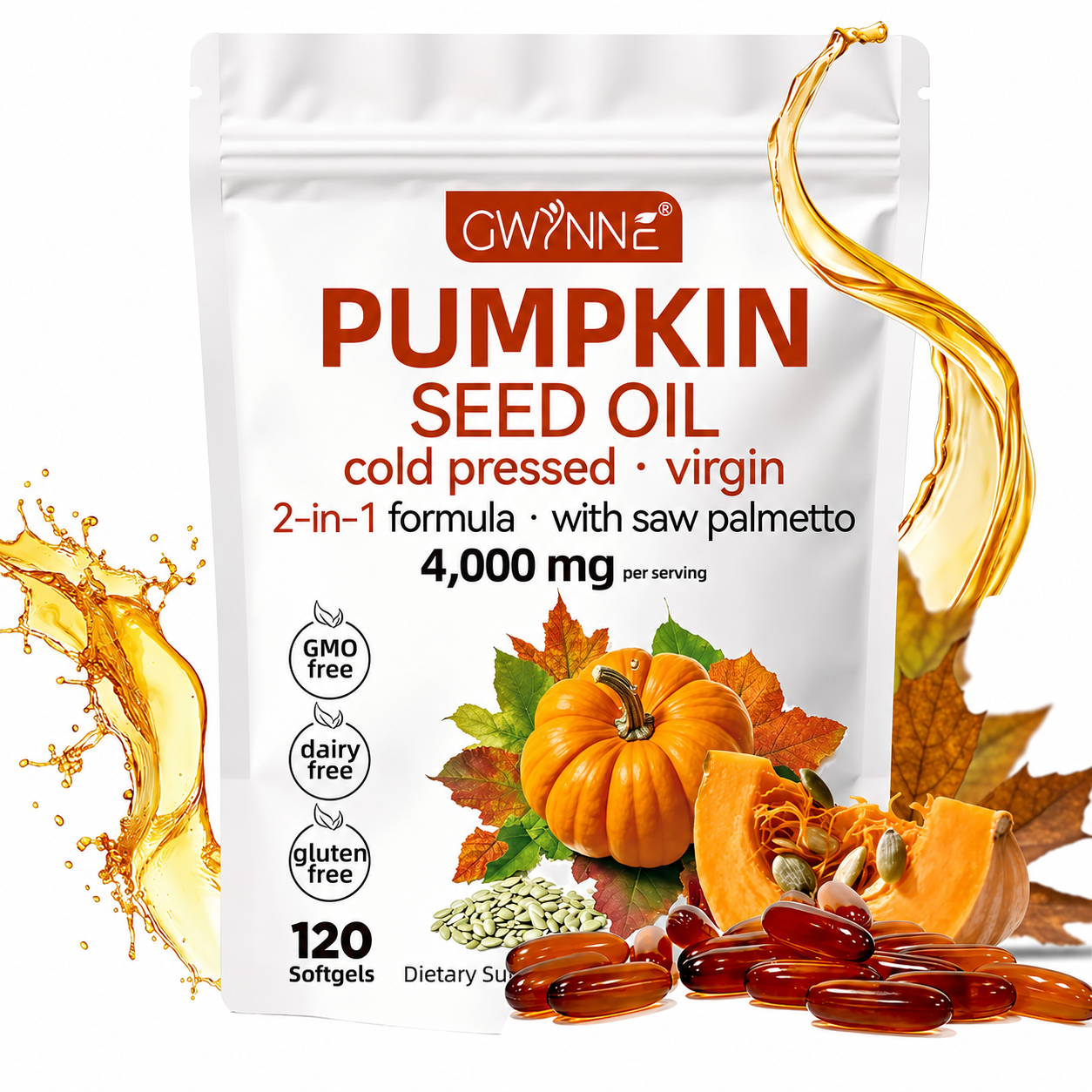 Gwynne 4000mg Cápsulas De Aceite De Semilla De Calabaza,Cold Pressed,Pure Virgin Oil,Apoyar la salud del cabello,el sistema urinario y la próstata,rico En Ácidos Grasos y Phytosterols 120cápsulas