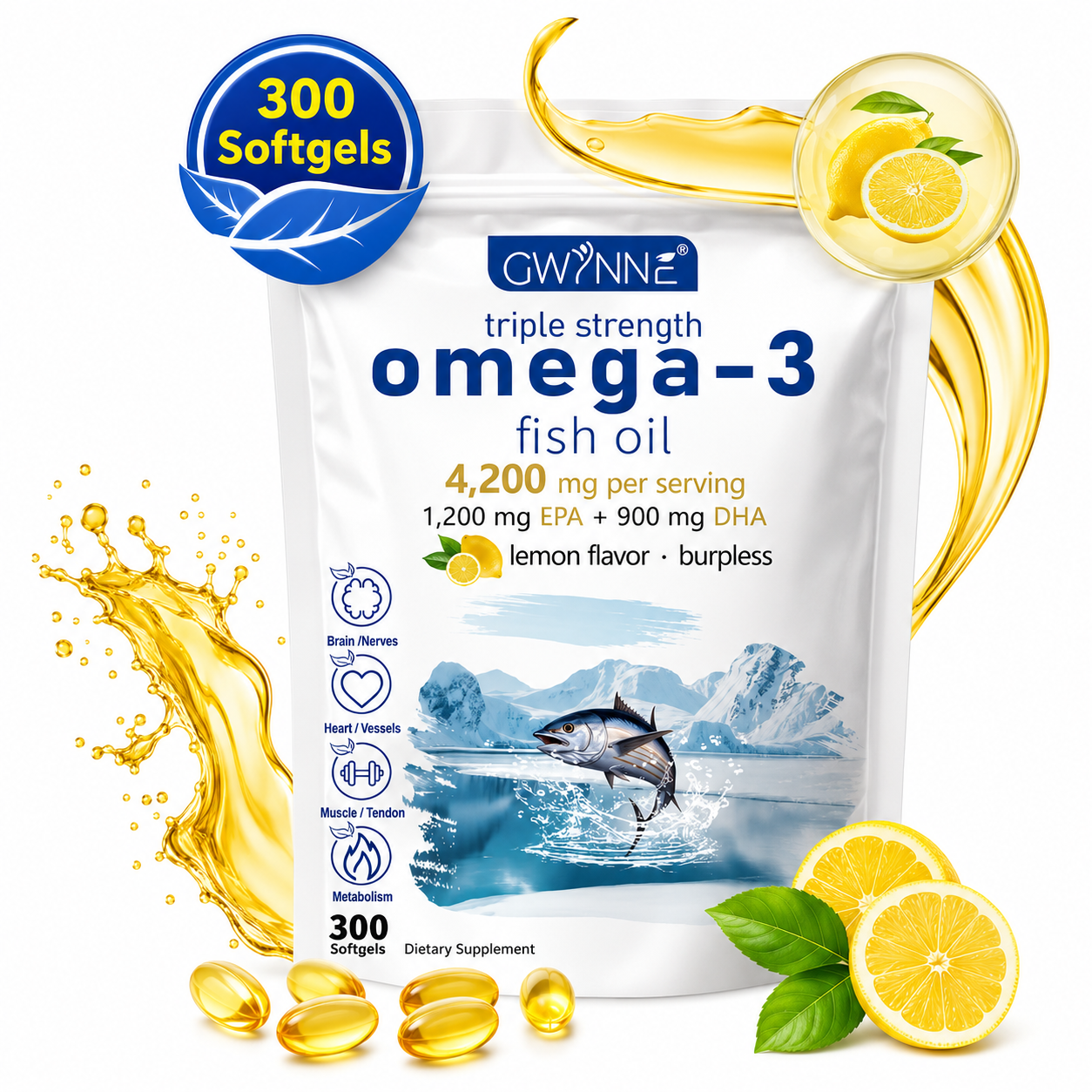 Gwynne Omega 3 Premium 4200mg 300 Cáps, Bacalao De Aguas Profundas Del Ártico Noruego, Que Contienen 1200mg Epa Y 900mg Dha Suplementos Alimentarios Para Apoyar La Salud Física De Mujere Y Hombre