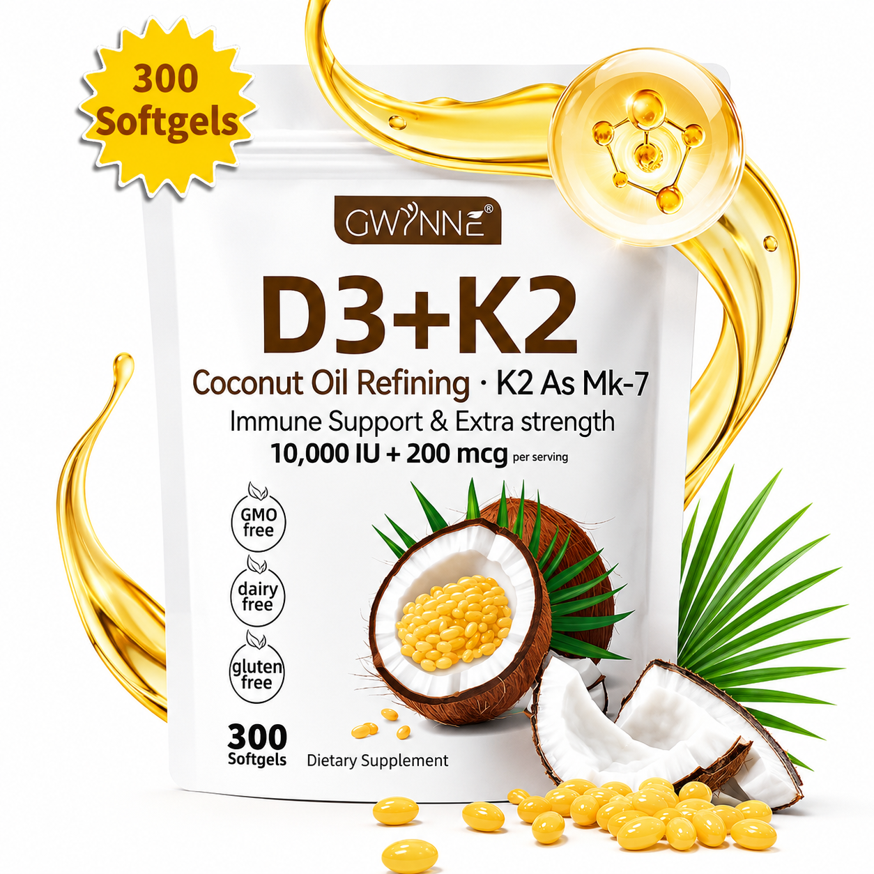 Gwynne Vitamina D3 10.000ui + K2 Mk-7 200mcg,2 En 1 Aceite De Coco Vírgenapoyo Óseo,inmunológico Y Cardíaco,300 Cáps