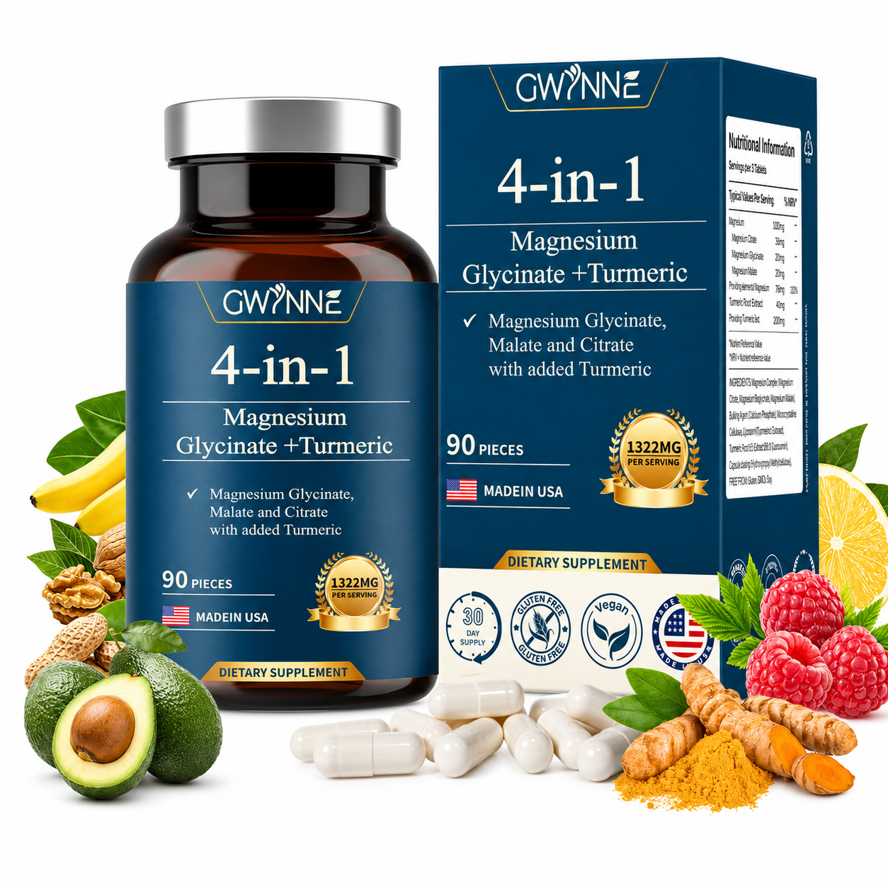 Gwynne 4 En 1 Triple Magnesium Complex:1322mg De Glicinato De Magnesio,malato De Magnesio Y Citrato De Magnesio,2000 Mg De Curcumina,para Fortalecer Los Músculos,los Nervios Y La Energía 90 Cápsulas