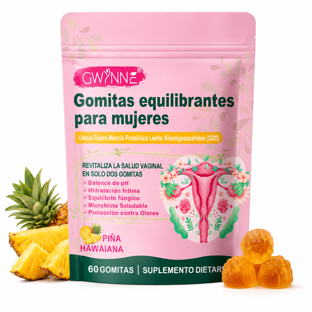 Gwynne Gomitas Probióticos Vaginales Y Balance Para Mujer, Sabor Piña Hawaiana, Soporta El Equilibrio Del Ph,60 Gomita