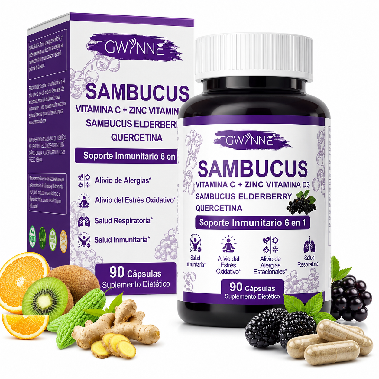Gwynne Sambucus 6 En 1 Suplemento Con Extracto De Sauco 1000mg,vitamina C,d3,zinc Y Quercetina,soporte Inmunitario,alivio De Alergias Y Salud Respiratoria,90 Cápsulas