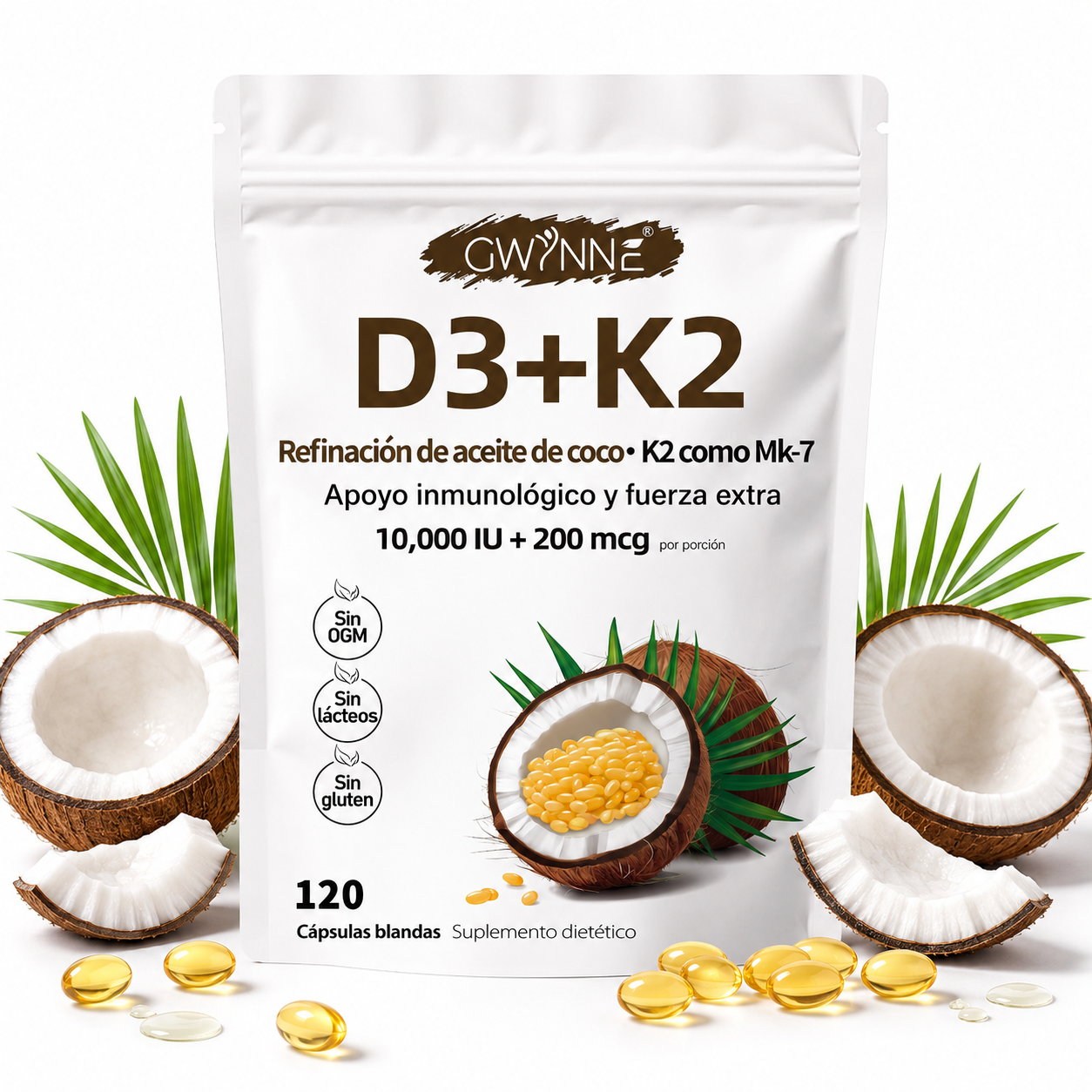 Gwynne Vitamina D3 10.000ui + K2 Mk-7 200mcg,120cápsulas  2 En 1 Aceite De Coco Vírgenapoyo Óseo,inmunológico Y Cardíaco