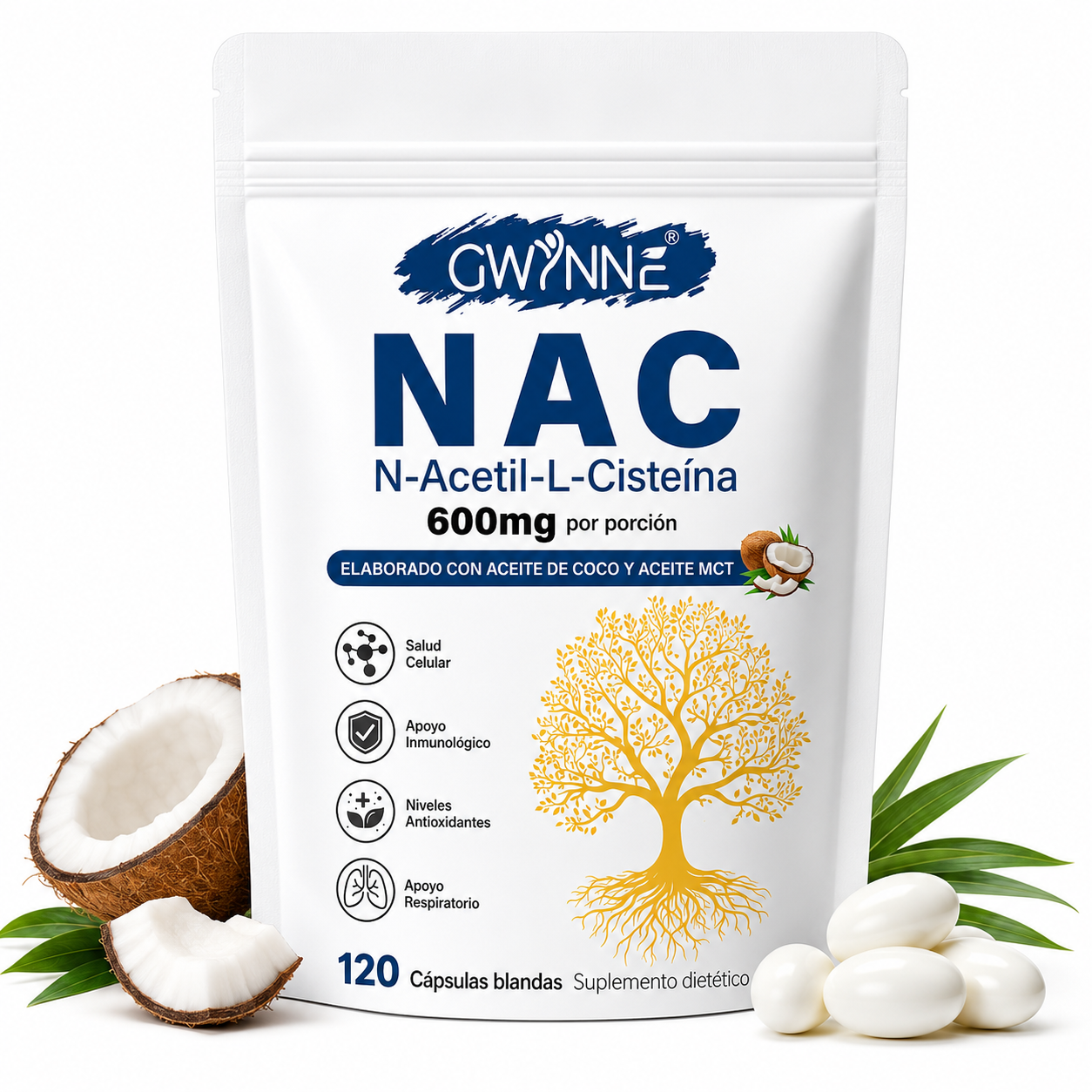 Gwynne Nac N-acetil-l-cisteína 600mg 120 Cápsulas, Con Dinucletido De Adenina Y Nicotinamida,apoyo Antioxidante,inmunológico Y Respiratorio