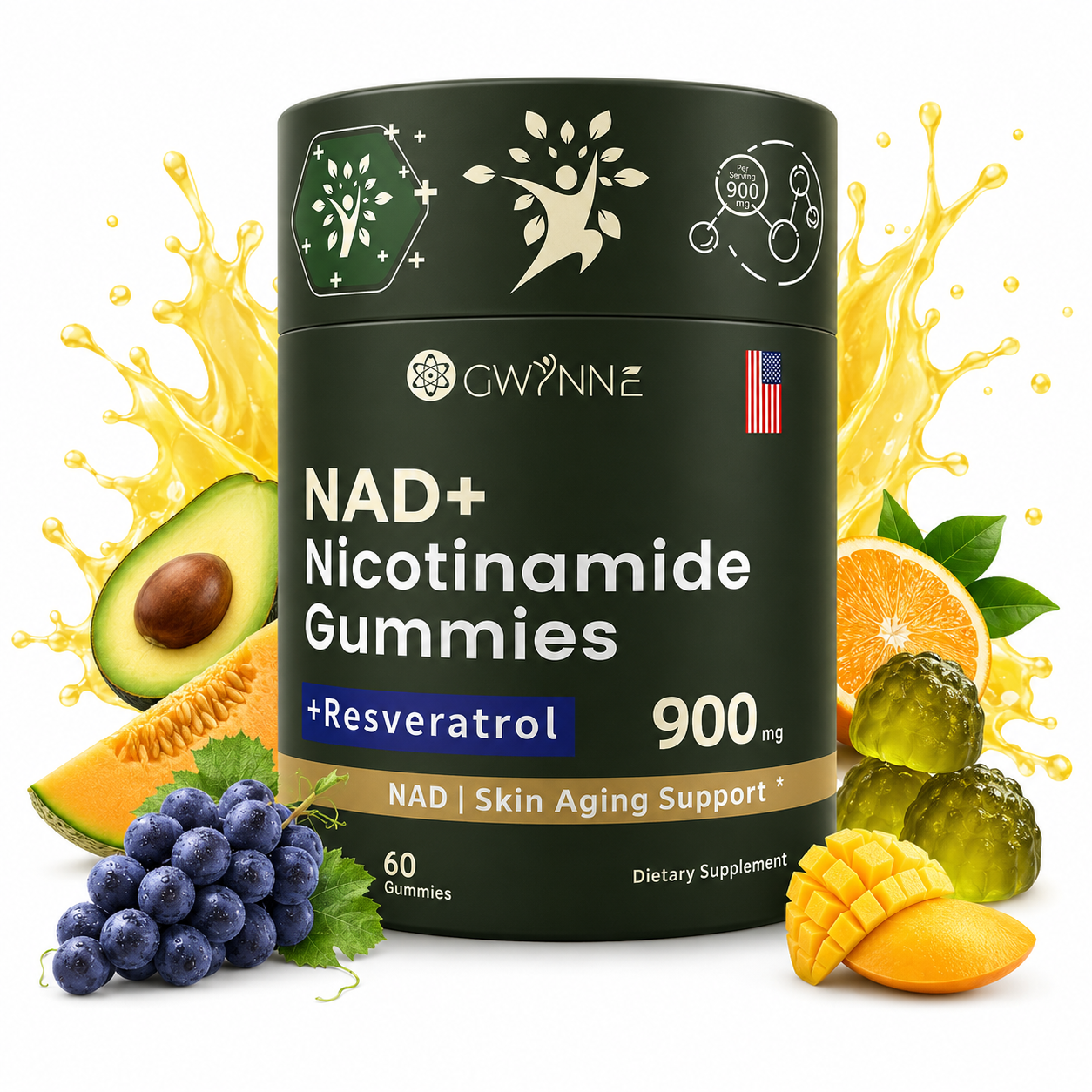 Gwynne Nicotinamida Ribosida Liposomal Con Resveratrol Y Quercetina Suplementos Nad Alta Pureza 900mg Contiene vitamina K2, D3 y quercetina 60 Gominolas