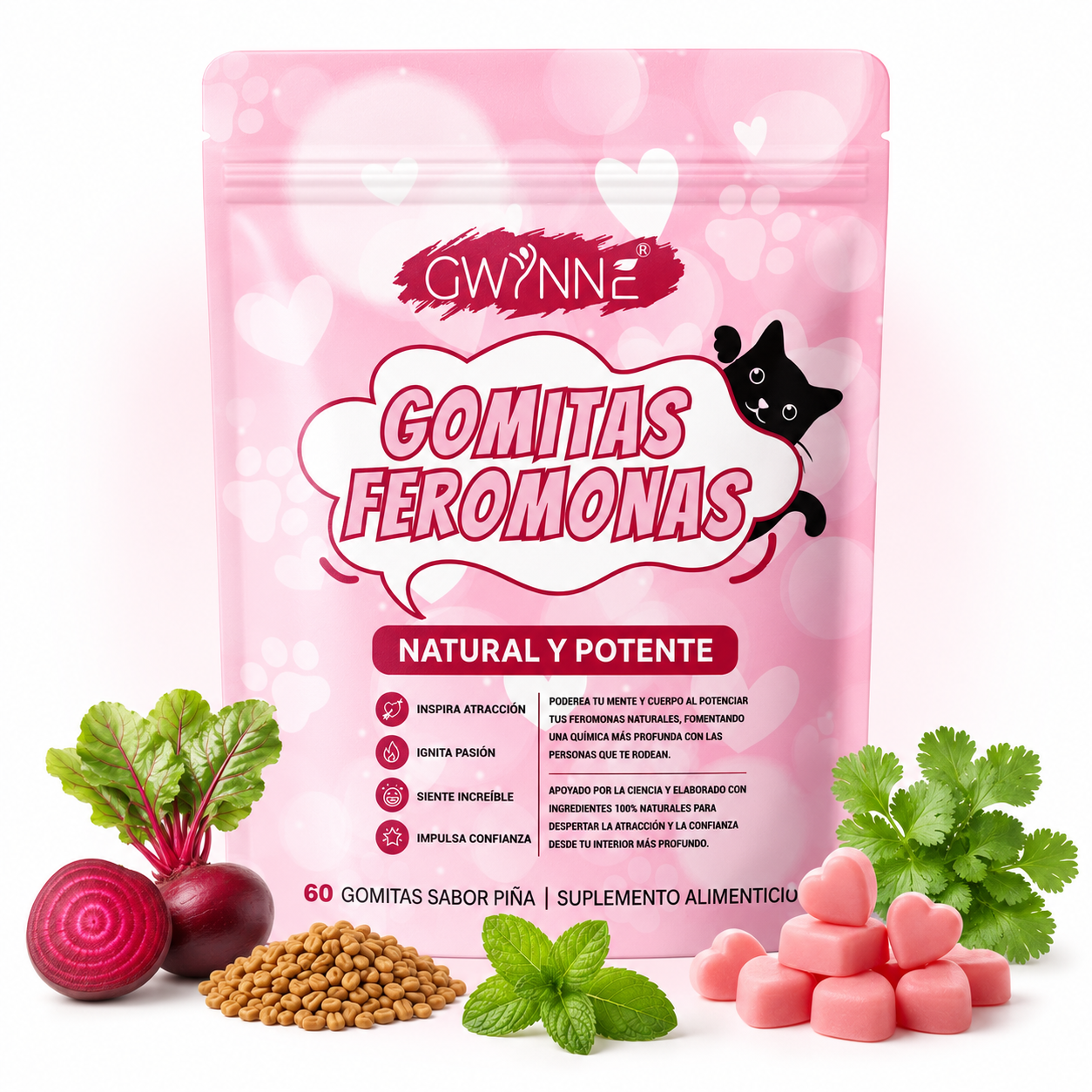 Gwynne Gummies Feromonas Con Corteza De Olmo Liso,l-arginina,maca Y Vitamina E Para Mujeres,mejorar Apoya El Encanto,apoya El Equilibrio,confianza Y Vibe Social,60 Gummies