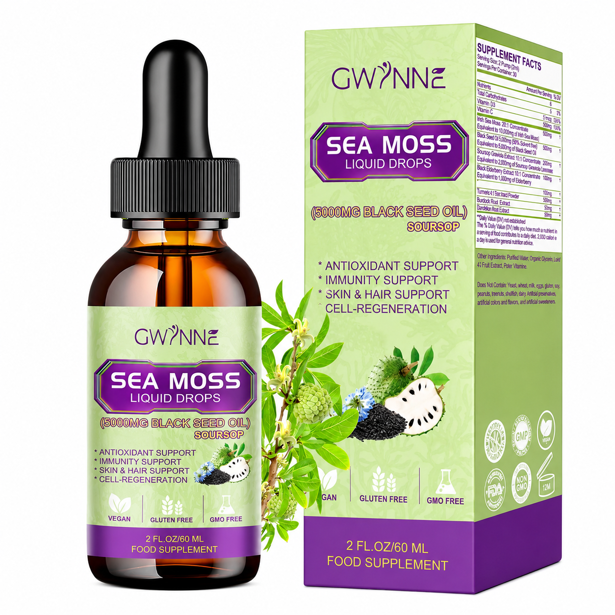 Gwynne Gotas Líquidas De Musgo Marino 5000mg 60ml - Irish Sea Moss Black Seed,suplemento Multimineral De Musgo Marino Apoyo Antioxidante, Inmunitario, Salud Intestinal