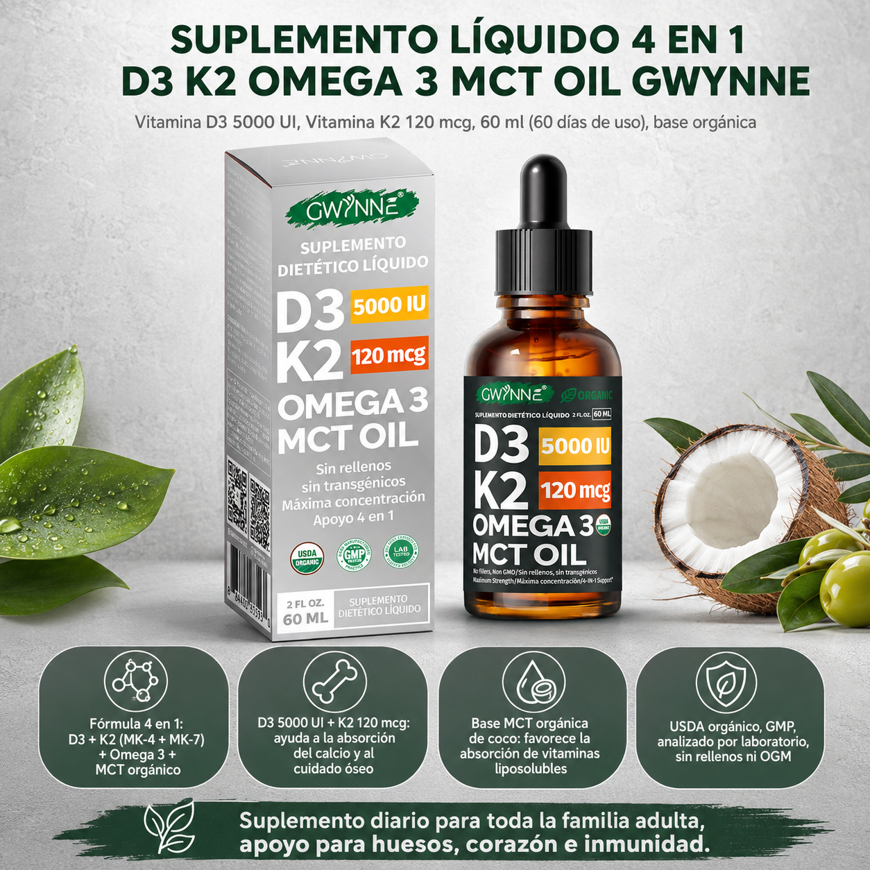 GWYNNE Suplemento Líquido de Vitamina D3 5000 UI y K2 120mcg Orgánico 60 ml,con Aceite MCT y Omega 3