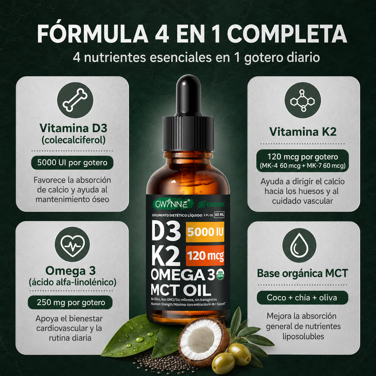 GWYNNE Suplemento Líquido de Vitamina D3 5000 UI y K2 120mcg Orgánico 60 ml,con Aceite MCT y Omega 3