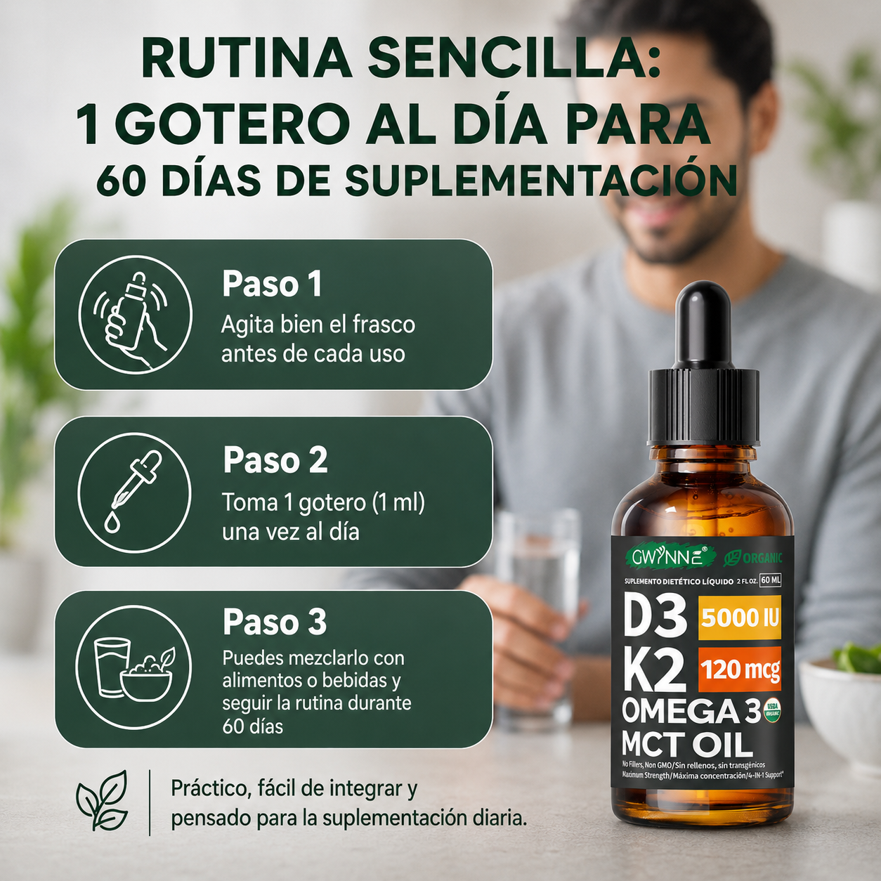 GWYNNE Suplemento Líquido de Vitamina D3 5000 UI y K2 120mcg Orgánico 60 ml,con Aceite MCT y Omega 3
