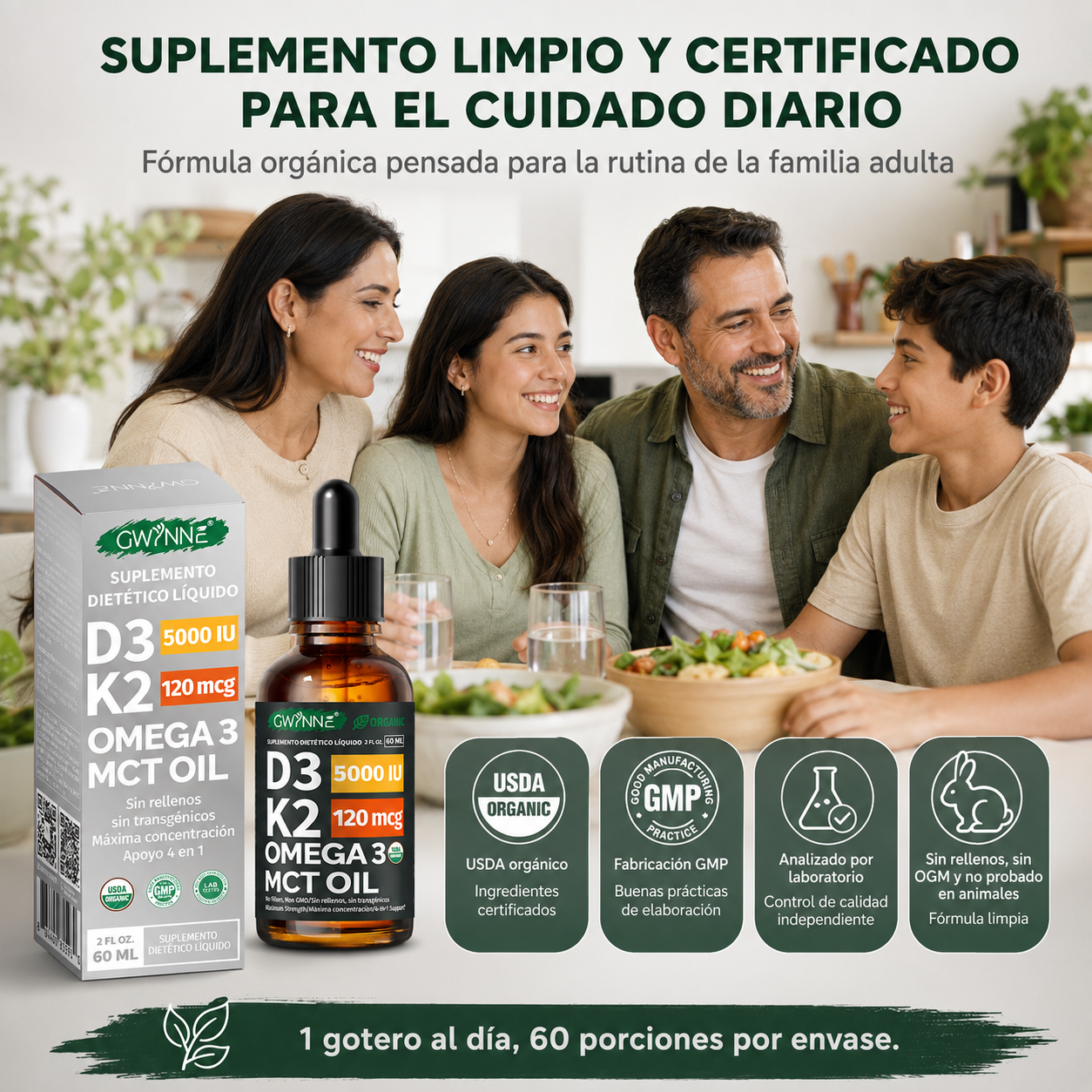 GWYNNE Suplemento Líquido de Vitamina D3 5000 UI y K2 120mcg Orgánico 60 ml,con Aceite MCT y Omega 3