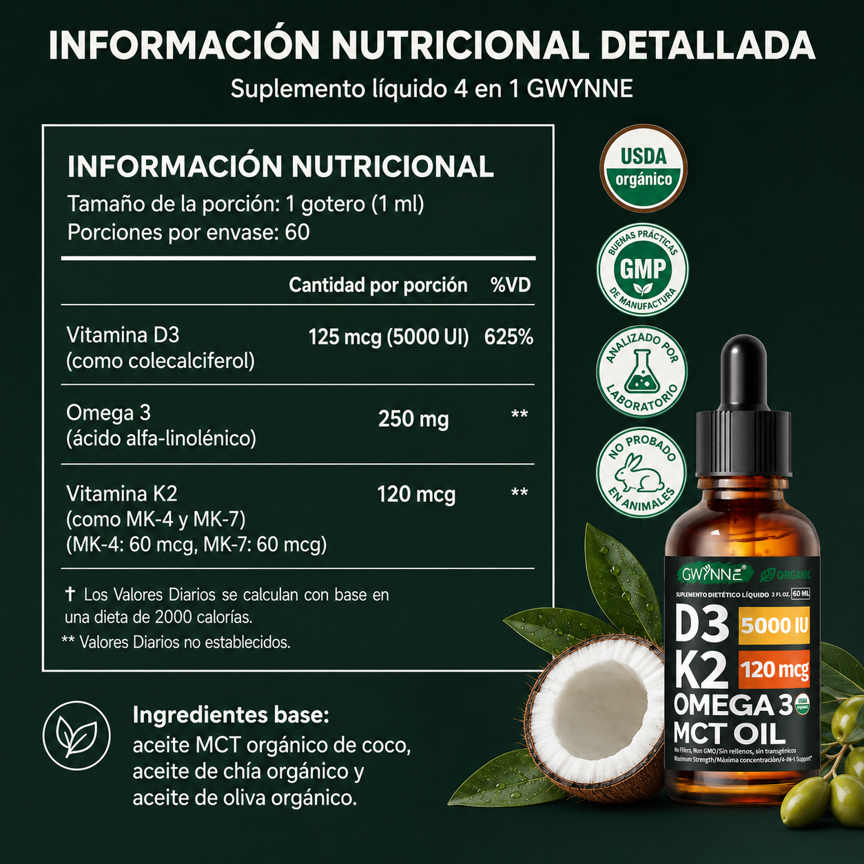 GWYNNE Suplemento Líquido de Vitamina D3 5000 UI y K2 120mcg Orgánico 60 ml,con Aceite MCT y Omega 3