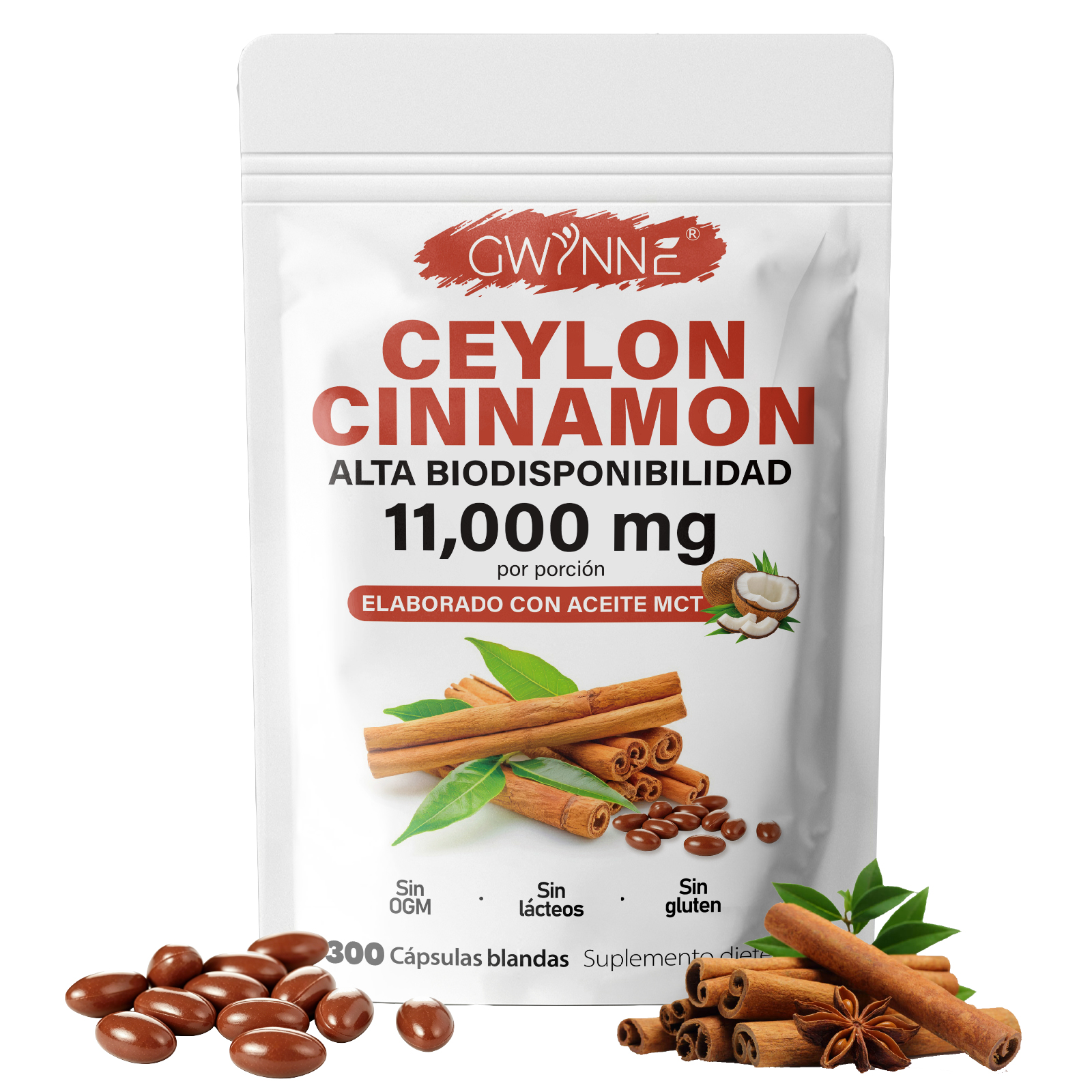 GWYNNE Ceylon Cinnamon 300 Capsules 20:1 con Aceite MCT,alta biodisponibilad 11000mg