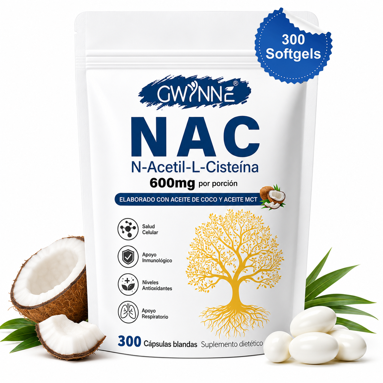 Gwynne Nac N-acetil-l-cisteína 600 Mg 300 Cápsulas,con Dinucleótido De Adenina Y Nicotinamida, Propiedades Antioxidantes,favorece Las Defensas Naturales Y El Bienestar Respiratorio General 