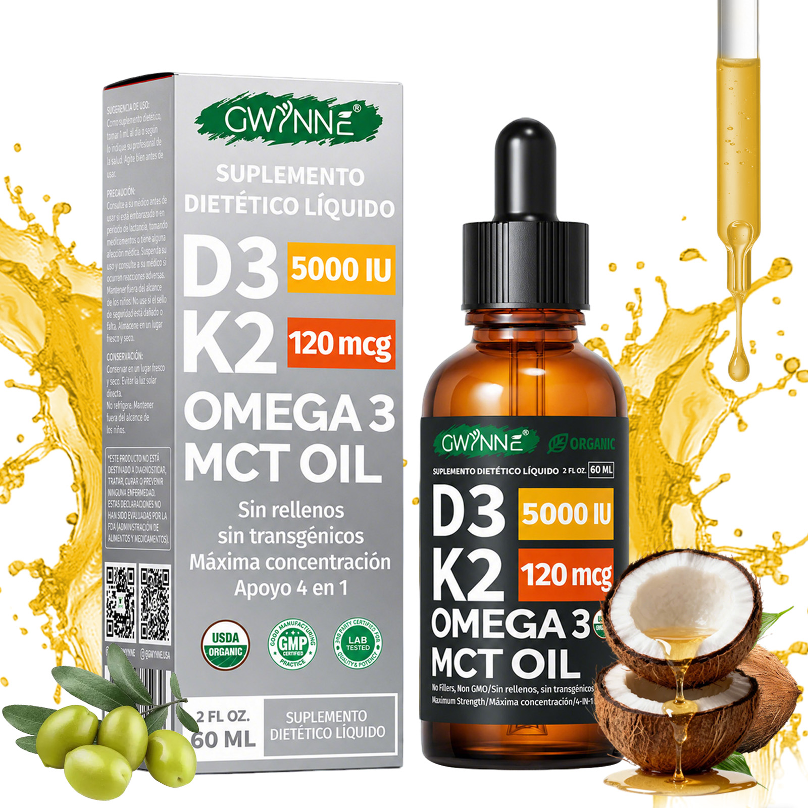GWYNNE Suplemento Líquido de Vitamina D3 5000 UI y K2 120mcg Orgánico 60 ml,con Aceite MCT y Omega 3