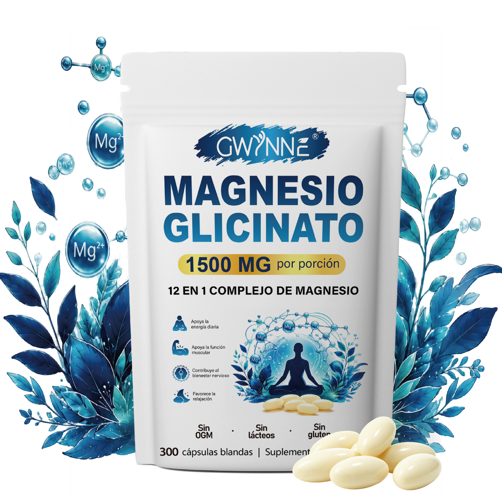 GWYNNE 12 en 1 Complejo de Magnesio 1500mg,con Glicinato De Magnesio,Citrato De Magnesio,Óxido De Magnesio,Musculo Relajación,300 bland Cápsulas