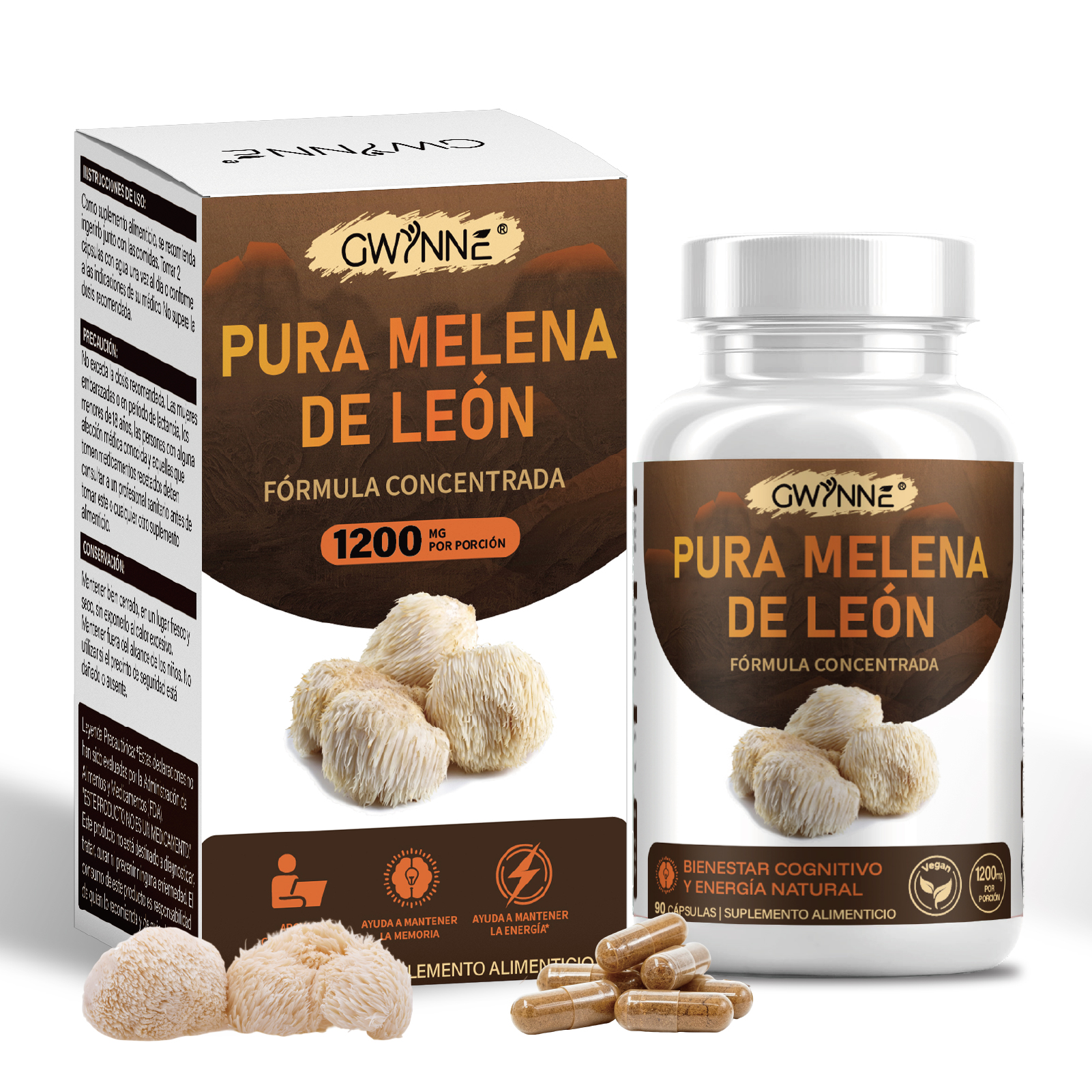 GWYNNE Pura Melena de León 1200 mg,apoyo Foco y cognición,90 Cápsulas