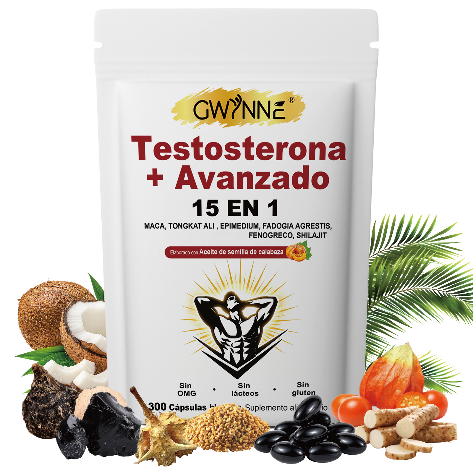 GWYNNE 15‑en‑1 Testosterona Avanzado Suplemento 300 Cápsulas con Maca,Tongkat Ali y Shilajit