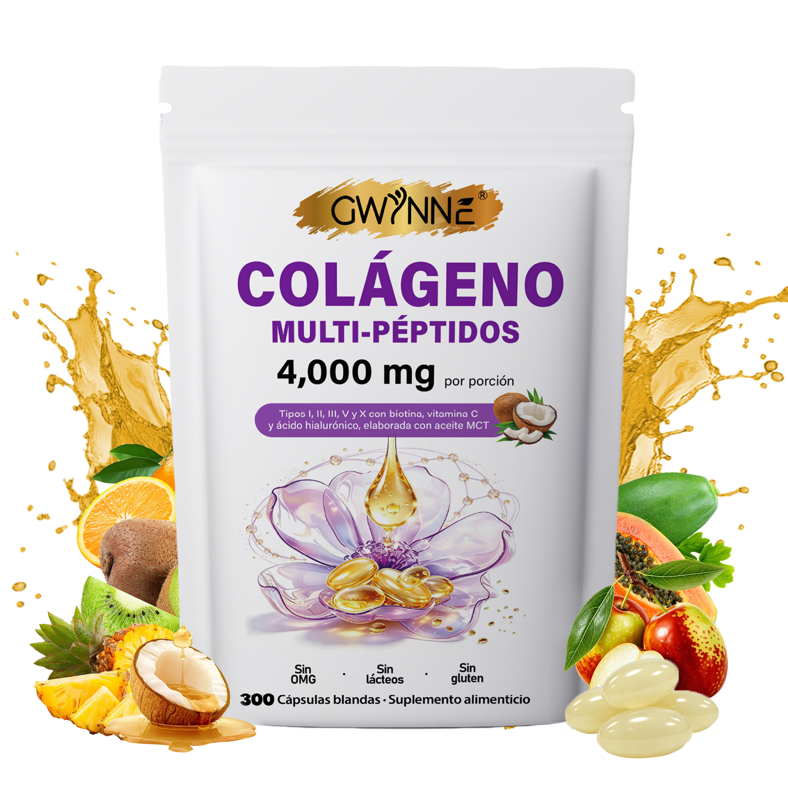 Gwynne Péptidos de Colágeno Múltiples 4000 mg,con Biotina y Ácido Hialurónico,300 Cápsulas