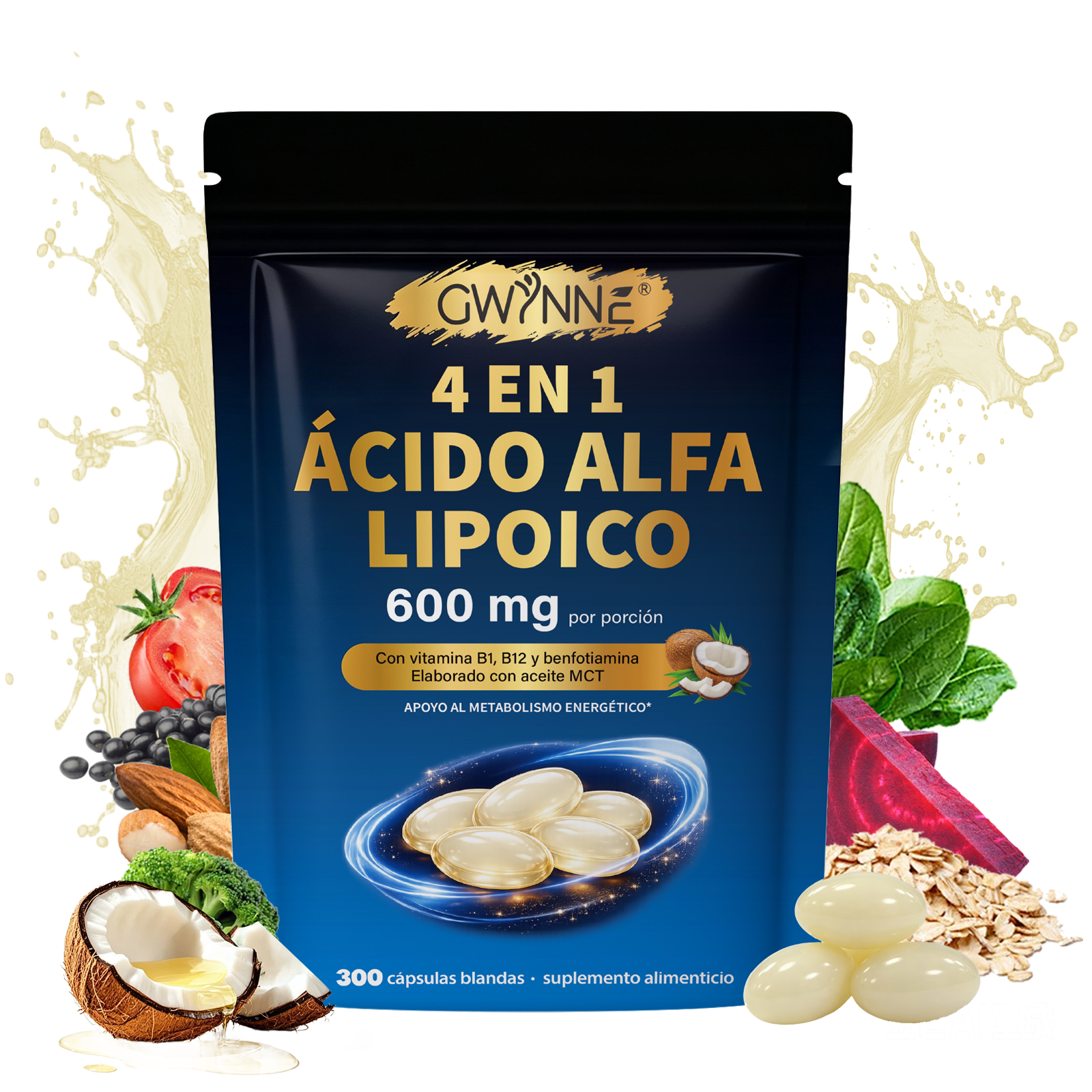Gwynne 4 En 1 Ácido Alfa Lipoico 600mg 300 Cápsulas blandas,suplemento Antioxidant,con B1,b12 Y Benfotiamina 
