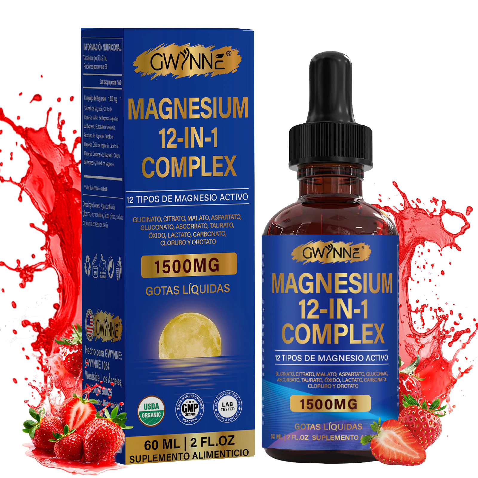 GWYNNE Complejo de Magnesio 12 en 1 Gotas Líquidas 1500mg,60ml,con Glicinato de Magnesio,Citrato de Magnesio,Malato de Magnesio,etc,para Bienestar Nervioso y Relajación