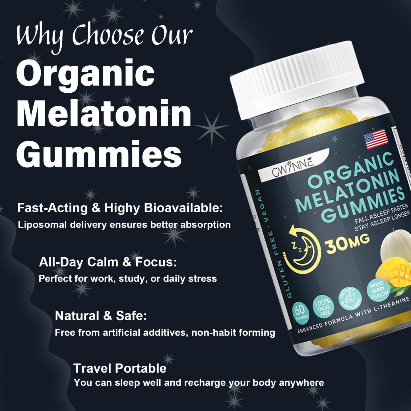 Premium Melatonin 30mg Gummies GWYNNE Ayuda a conciliar el sueño Tranquilidad y sueño prolongado Ayuda a aliviar el estrés Crecimiento muscular Suplemento dietético 60 Gummies