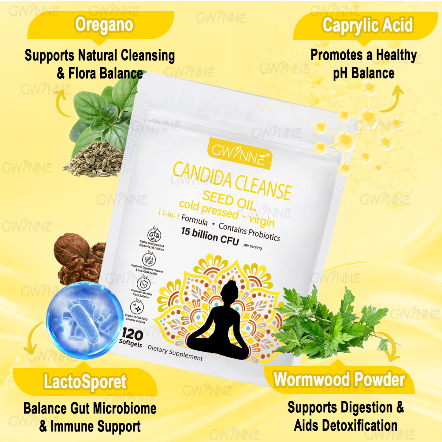 Gwynne Candida Cleanse Seed Oil Cápsulas,hierbas Naturales Para La Desintoxicación Intestinal Con 15 Billion Cfu,120 Cápsulas,11-in-1 Formula Con Hoja De Orégano,ácido Caprílico Y Probiotics