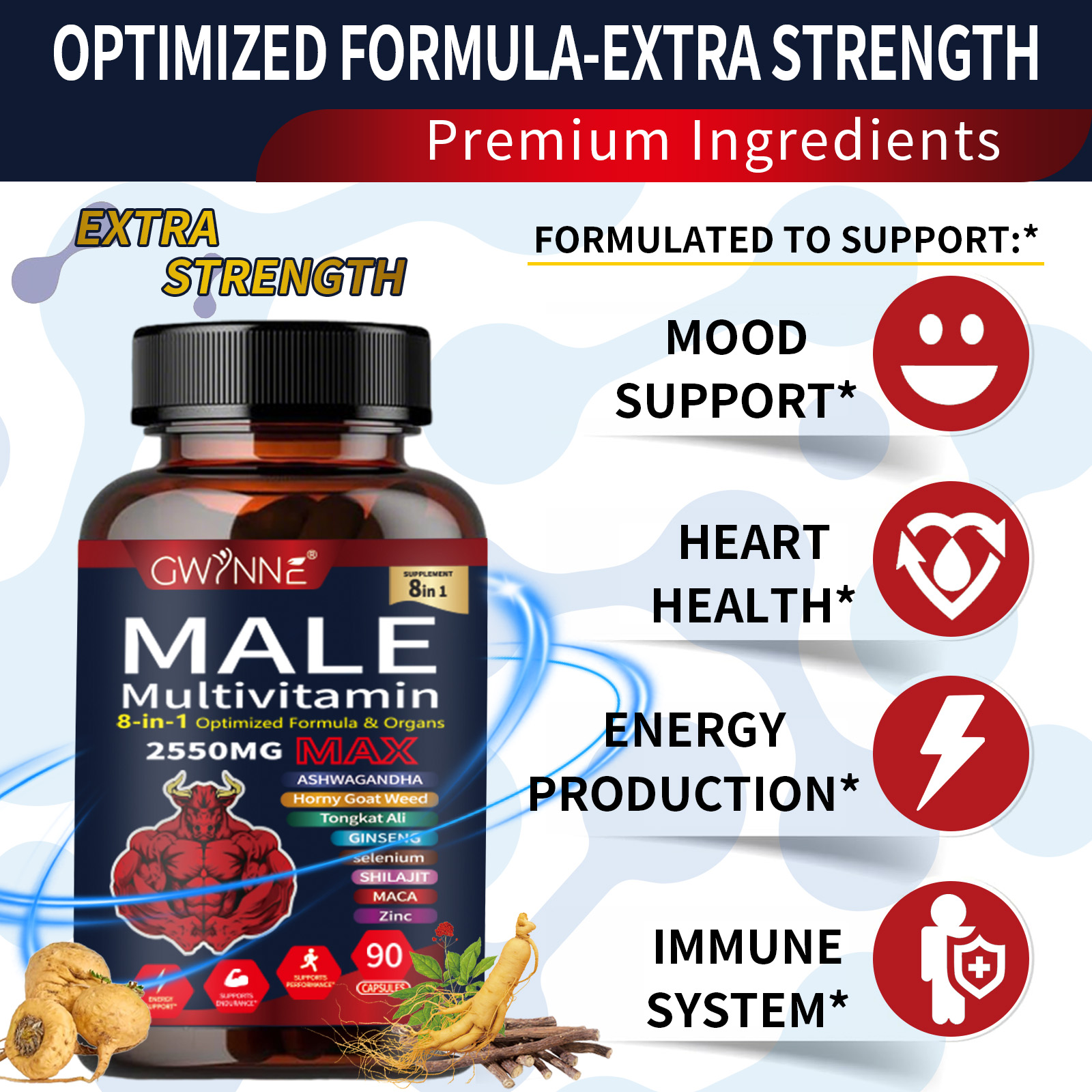 Gwynne Multivitamina Para Hombre 90 Cápsula,8 En 1 Multivitaminas Para Hombres Diarias 2550 Mg Max Con Zinc,shilajit,horny Goat Weed,etc,apoyo A La Energía Físicas