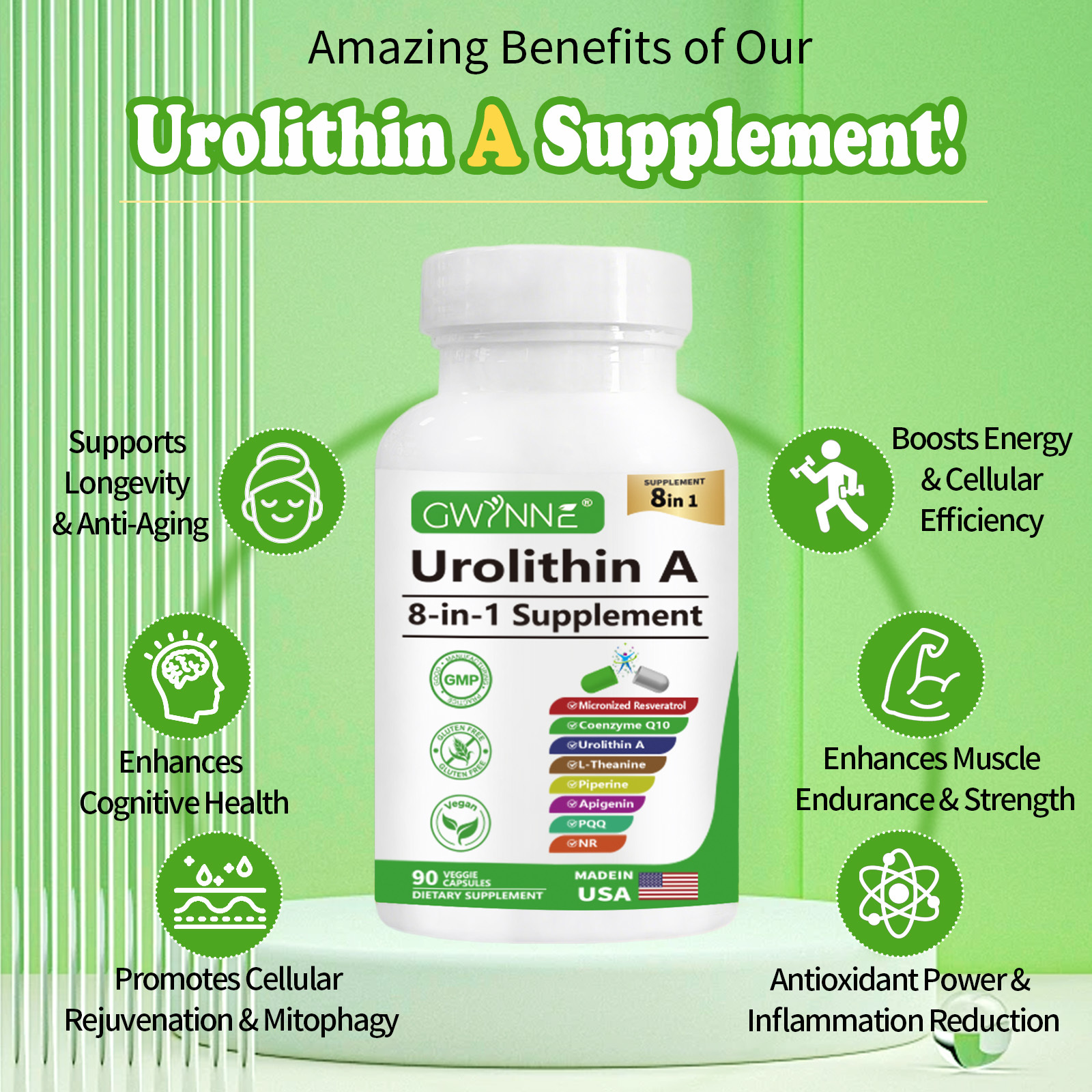 Gwynne Urolithin A 1000mg Complex Supplement 90 Cápsula,con Resveratrol,nr,coq10,pqq Y L-theanine Apoyo A La Energía Mitocondrial Y Celular