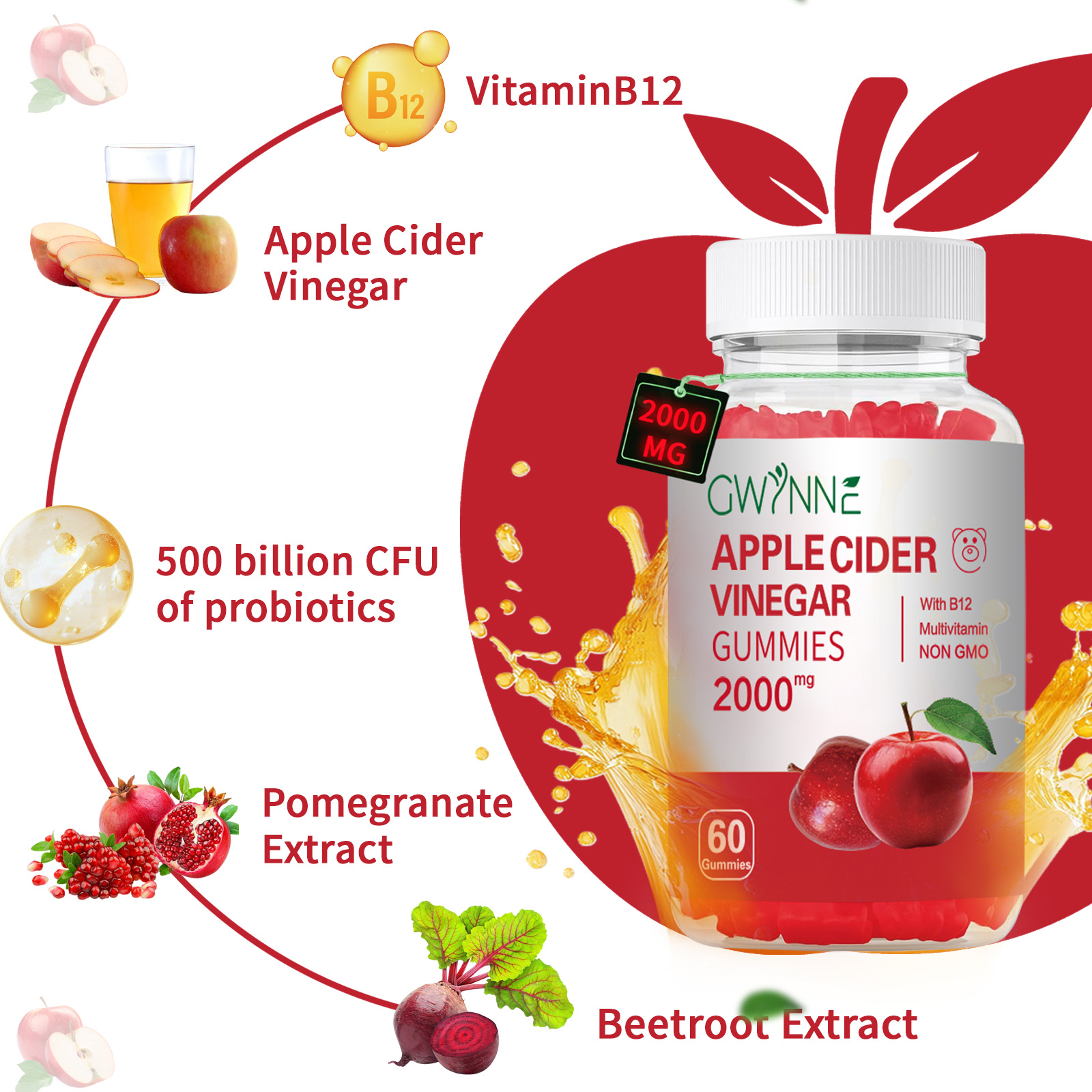 Gominolas Vinagre de manzana,Potencia Máxima 2000mg Contiene Vitaminas B12, B6, Ácido Fólico Y Probióticos Para La Salud Metabólica, Intestinal, Cutánea E Inmunológica,peso 60 gomitas