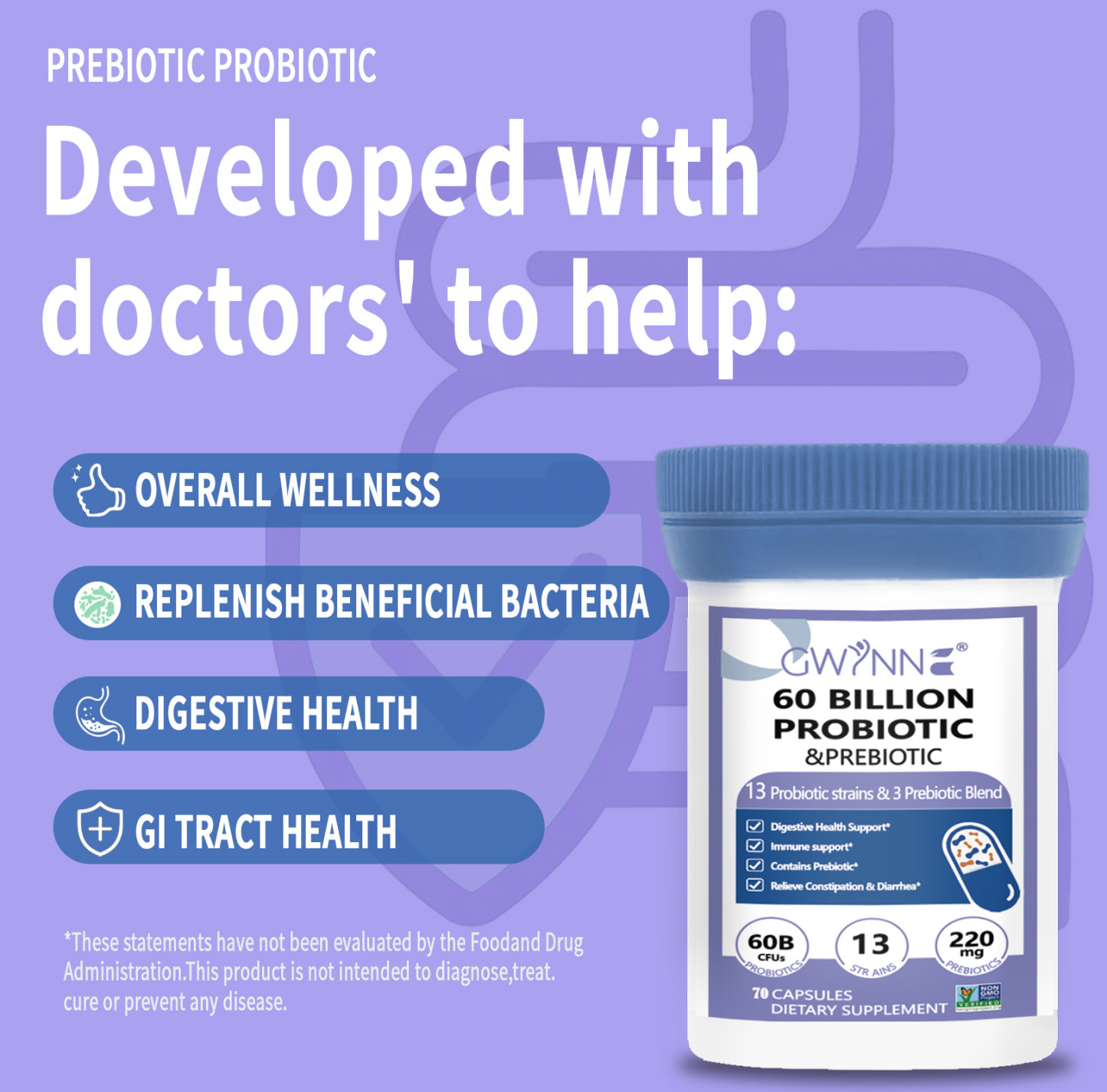 Gwynne vaginal Probióticos 60 Billion De Ucf 70 Cápsula,13Strains + 3Prebióticos Mezcla,salud Inmune,digestiva E Intestinal-Apoya El Estreñimiento,la Diarrea,apoyo Inmunológico Para Mujeres Y Hombres