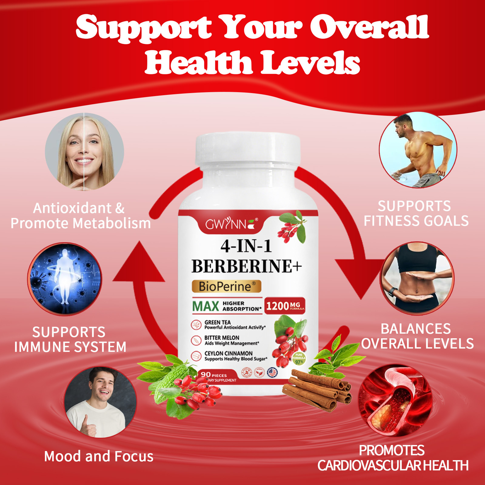 Gwynne 4 En 1 Berberina Y Bioperine 1200mg Con Melón Amargo,canela De Ceilán Y Extracto De Té Verde,apoyo A La Salud Del Corazón,sistema Inmunológico,gi Saludable,90 Cápsulas