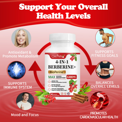 Gwynne 4 En 1 Berberina Y Bioperine 1200mg Con Melón Amargo,canela De Ceilán Y Extracto De Té Verde,apoyo A La Salud Del Corazón,sistema Inmunológico,gi Saludable,90 Cápsulas