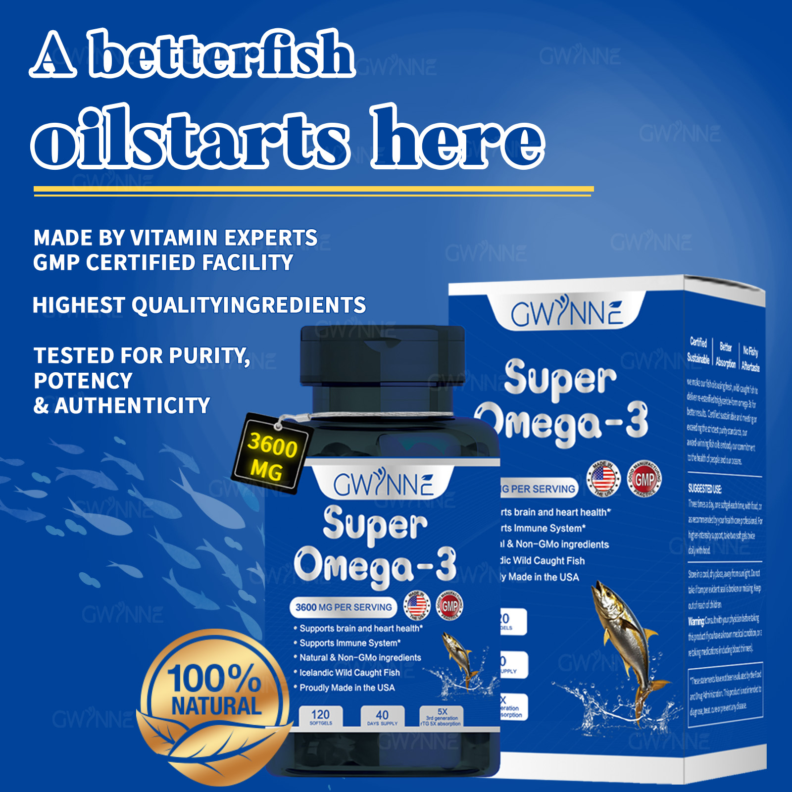 Gwynne Super Omega 3 Premium 3600mg Aceite De Pescado,orégano,pescado Salvaje De Islandia,salud Cerebral,salud Del Corazón,apoyo A La Salud De La Inflamación,apoyo A La Salud Del Colesterol 120Cápsula