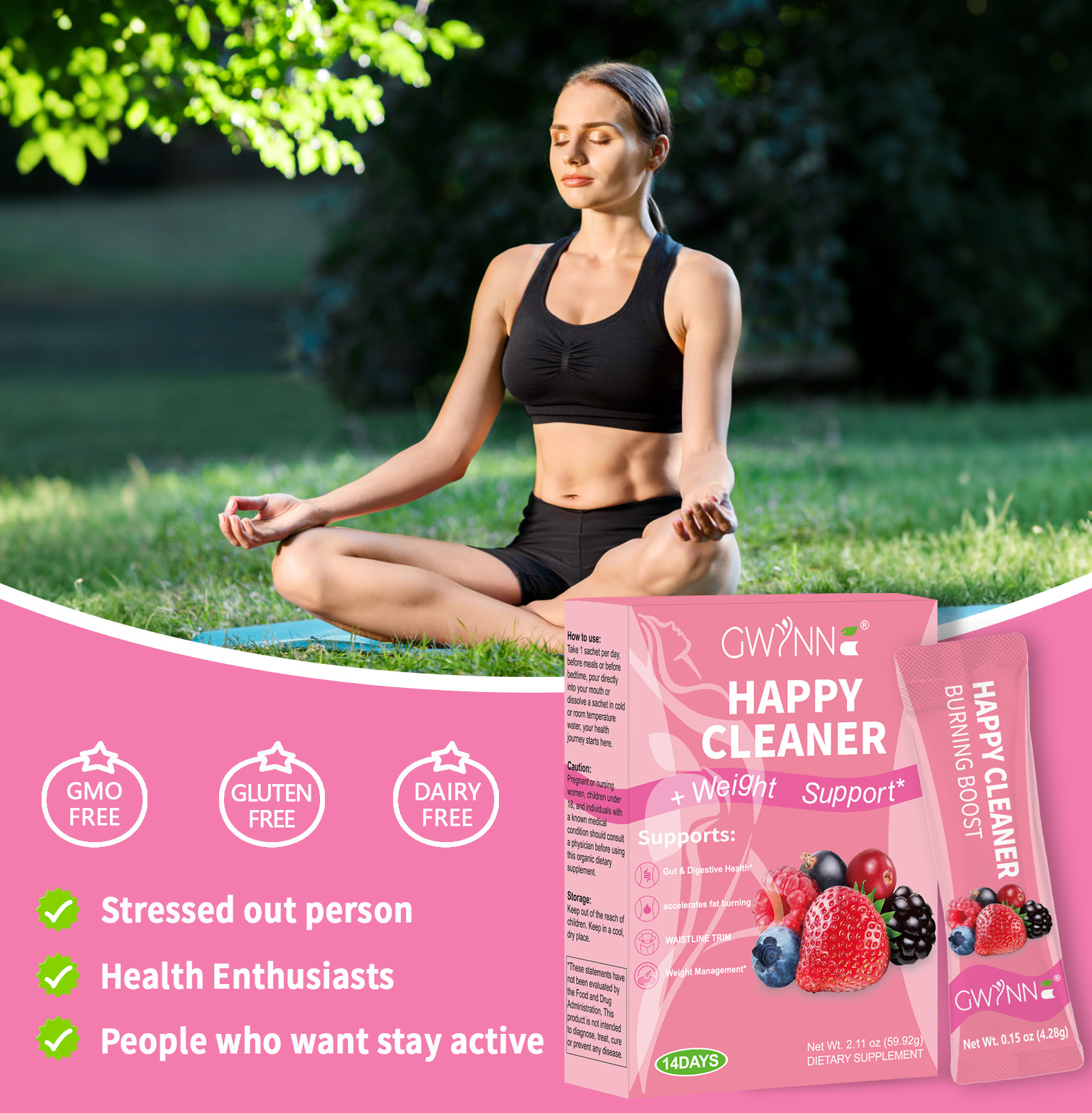 Gwynne Happy Cleaner Polvo Prebiótico Probiótico - Polvo De Mezcla De Bayas (14 Paquetes De Una Sola Porción) Con Frutas