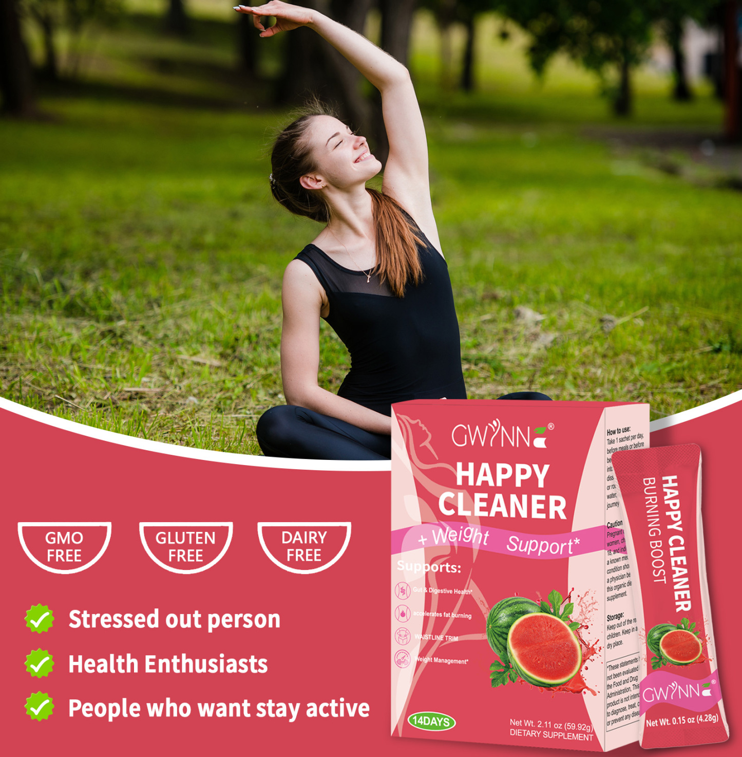 Gwynne Happy Cleaner Polvo Prebiótico Probiótico - Polvo De Mezcla De Sandía (14 Paquetes De Una Sola Porción) Con Frutas