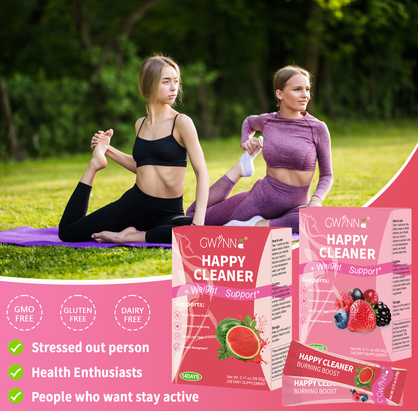 Gwynne Happy Cleaner Polvo Prebiótico Probiótico - Polvo De Mezcla De Bayas De Sandía (28 Paquetes De Una Sola Porción) Con Frutas