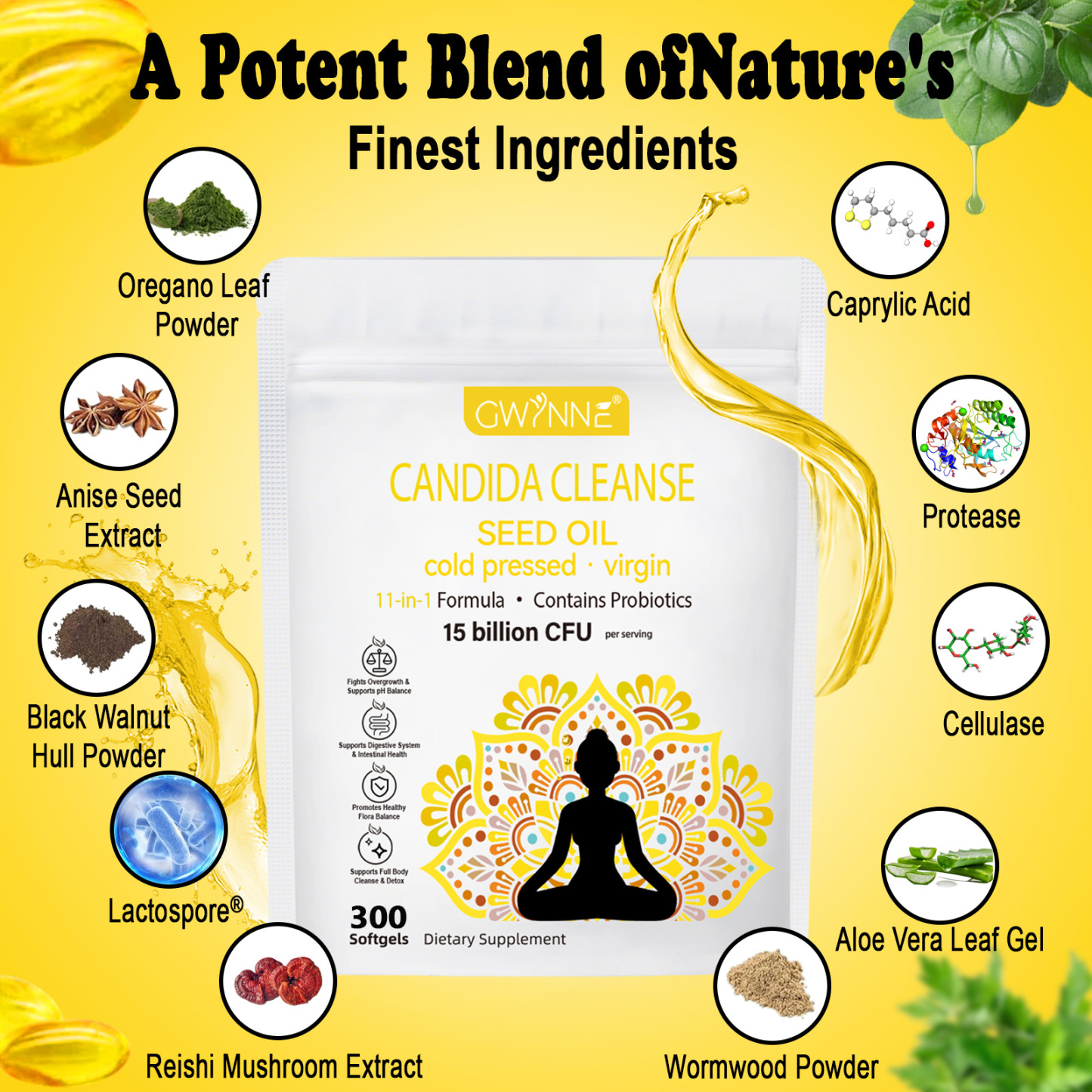 Gwynne Candida Cleanse Seed Oil Cápsulas,hierbas Naturales Para La Desintoxicación Intestinal Con 15 Billion Cfu,300 Cápsulas,11-in-1 Formula Con Hoja De Orégano,ácido Caprílico Y Probiotics
