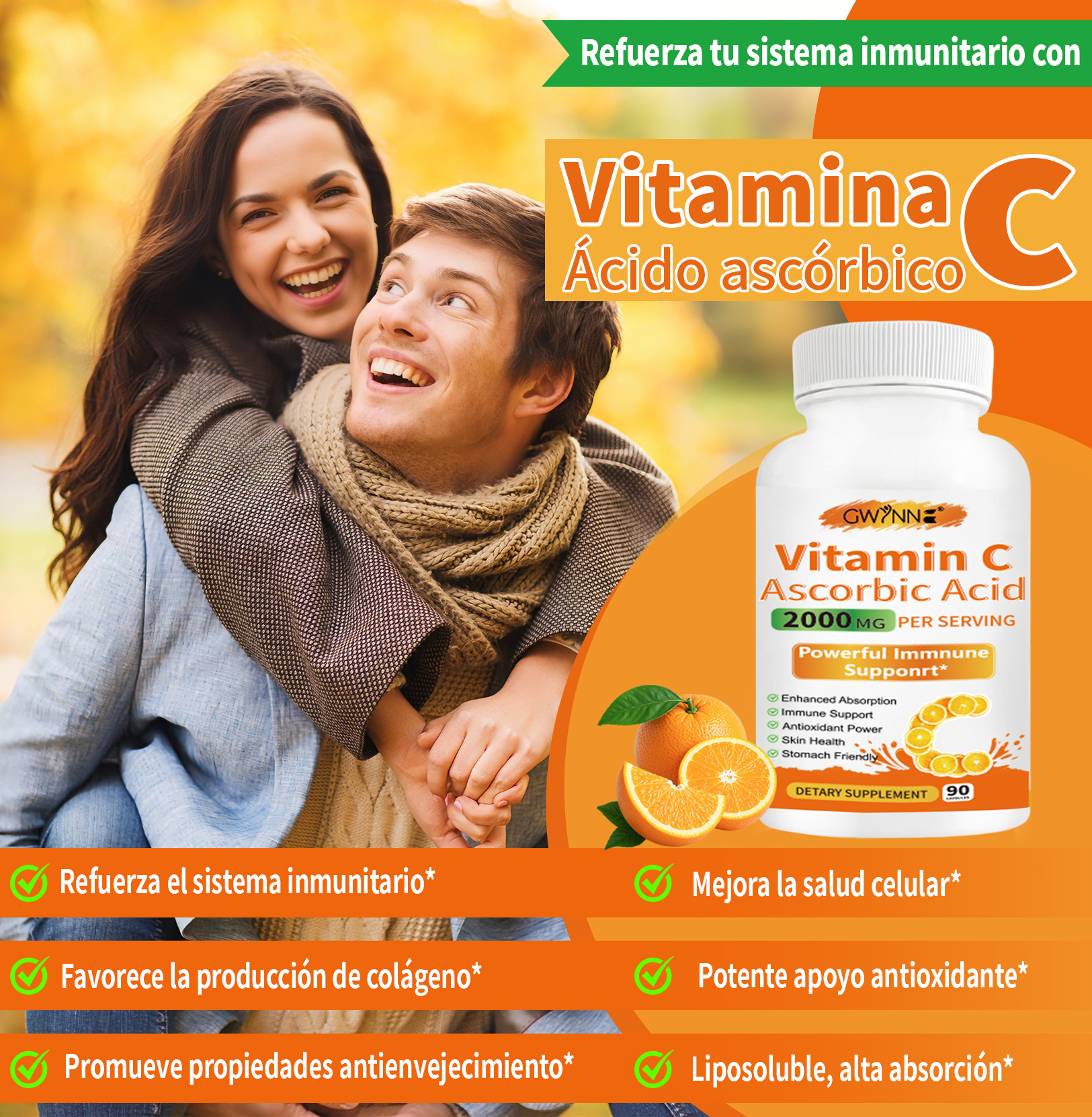 Gwynne Ácido Ascórbico Puro De Vitamina C 2000mg,90 Cápsulas,formas Solubles En Grasa Y Agua Altamente Biodisponibles,antioxidante Y Suplemento De Apoyo Inmunológico