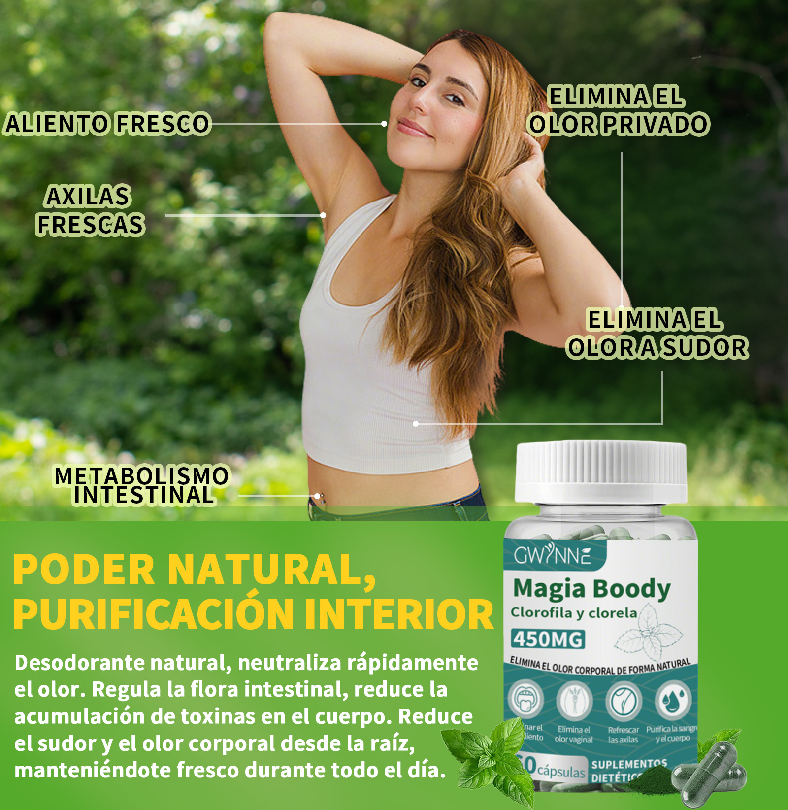 Gwynne Boody Magic Tabletas De Clorofila Natural Para El Olor Corporal Femenino Contiene 450 Mg De Clorofila Y Chlorella, Suplemento Desodorante Corporal Para Hombres Y Mujeres,60 Cápsulas