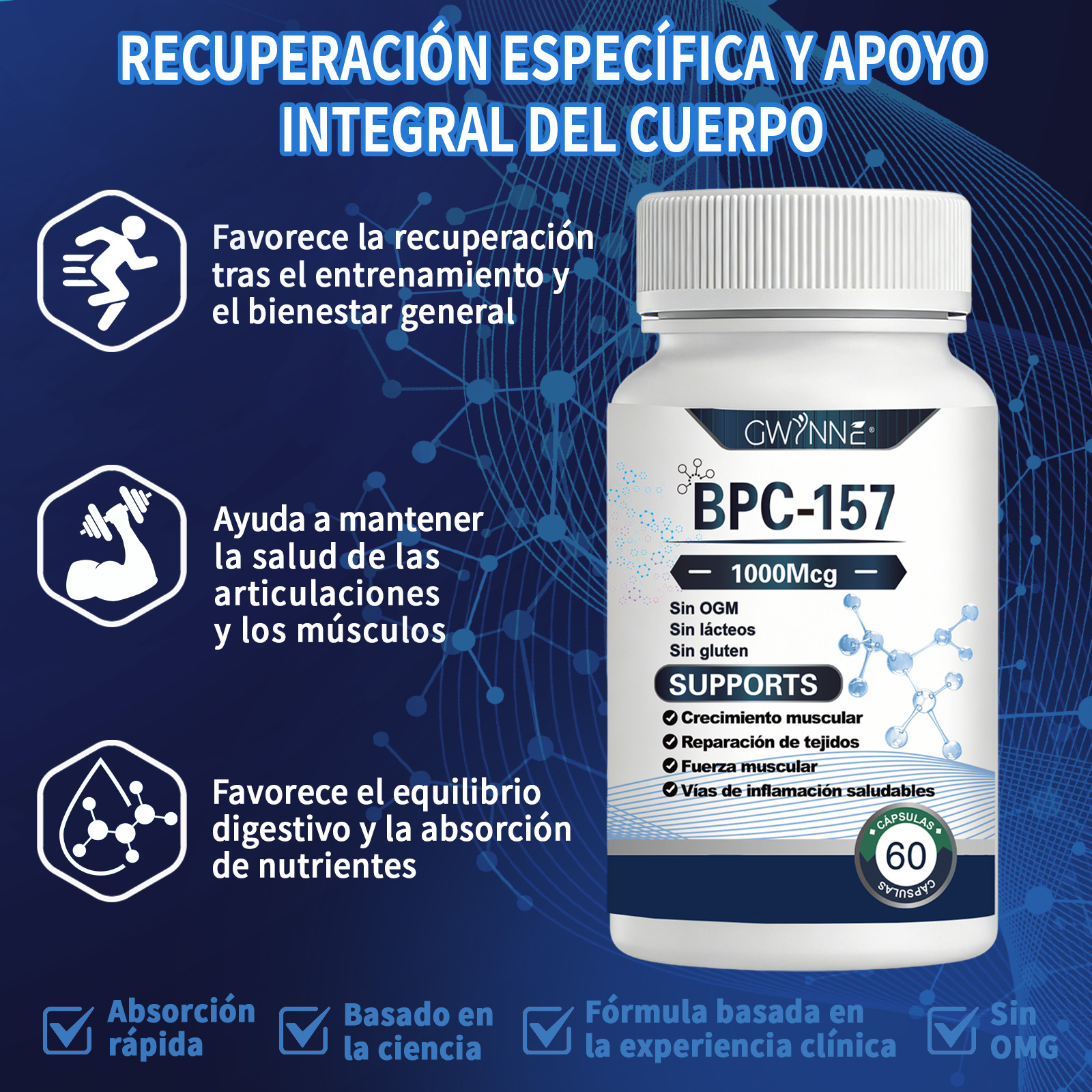 Gwynne Cápsulas De Péptidos Bpc-157 De Alta Potencia Para La Recuperación Muscular Y Del Ejercicio, Recuperación Acelerada Y Curación Intestinal 1000mcg 60 Cápsulas